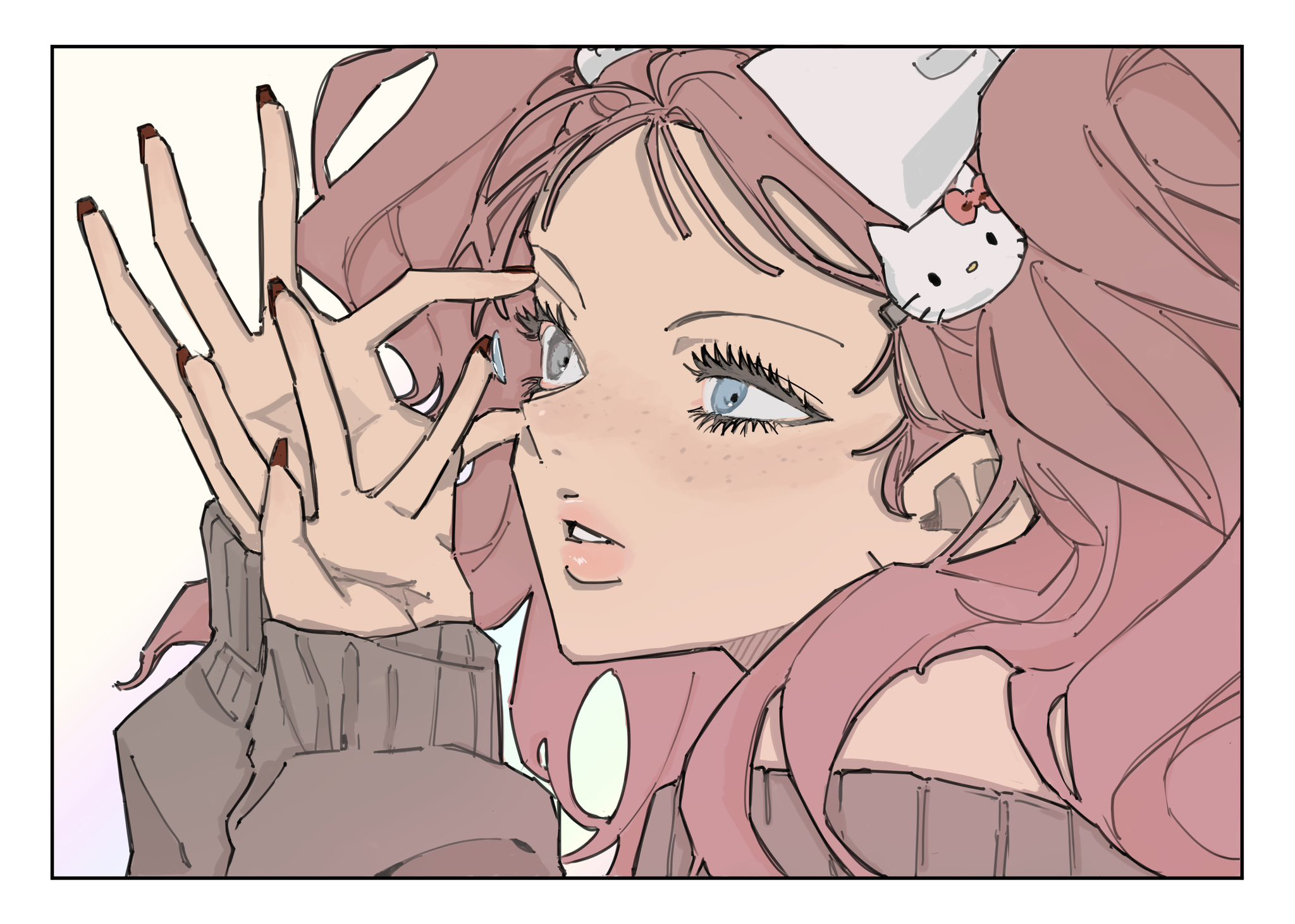 seailand, enoshima junko, danganronpa: trigger happy havoc, danganronpa (series), hello kitty, sanrio, highres, 1girl, cat hair ornament, contact lens, freckles, from side, hair ornament, hands up, long hair, long sleeves, nail polish, red nails, smile, teeth, twintails