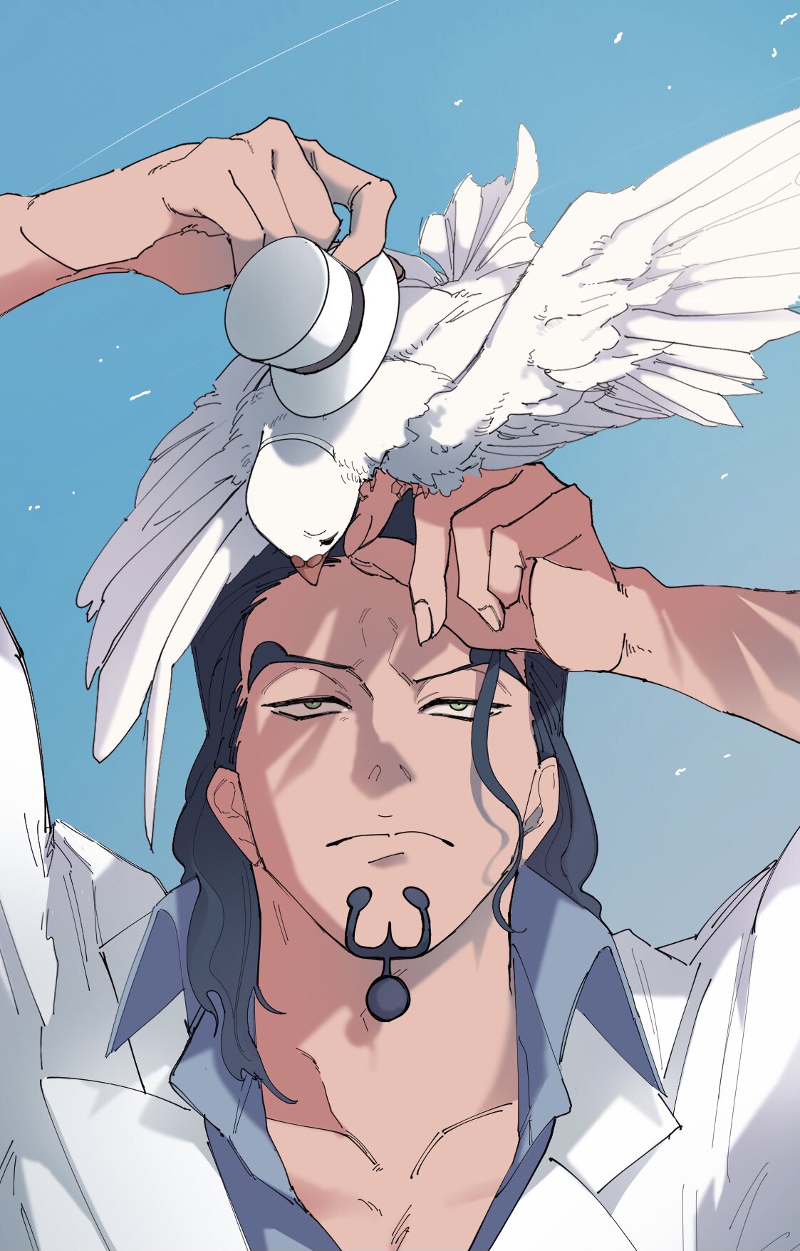 hattori (one piece), rob lucci, one piece, commentary request, highres, 085reed, 1boy, bird, bird on hand, black hair, blue shirt, blue sky, closed mouth, collared shirt, facial hair, goatee, green eyes, hair slicked back, hat, jacket, looking at another, shirt, sky, white hat, white jacket