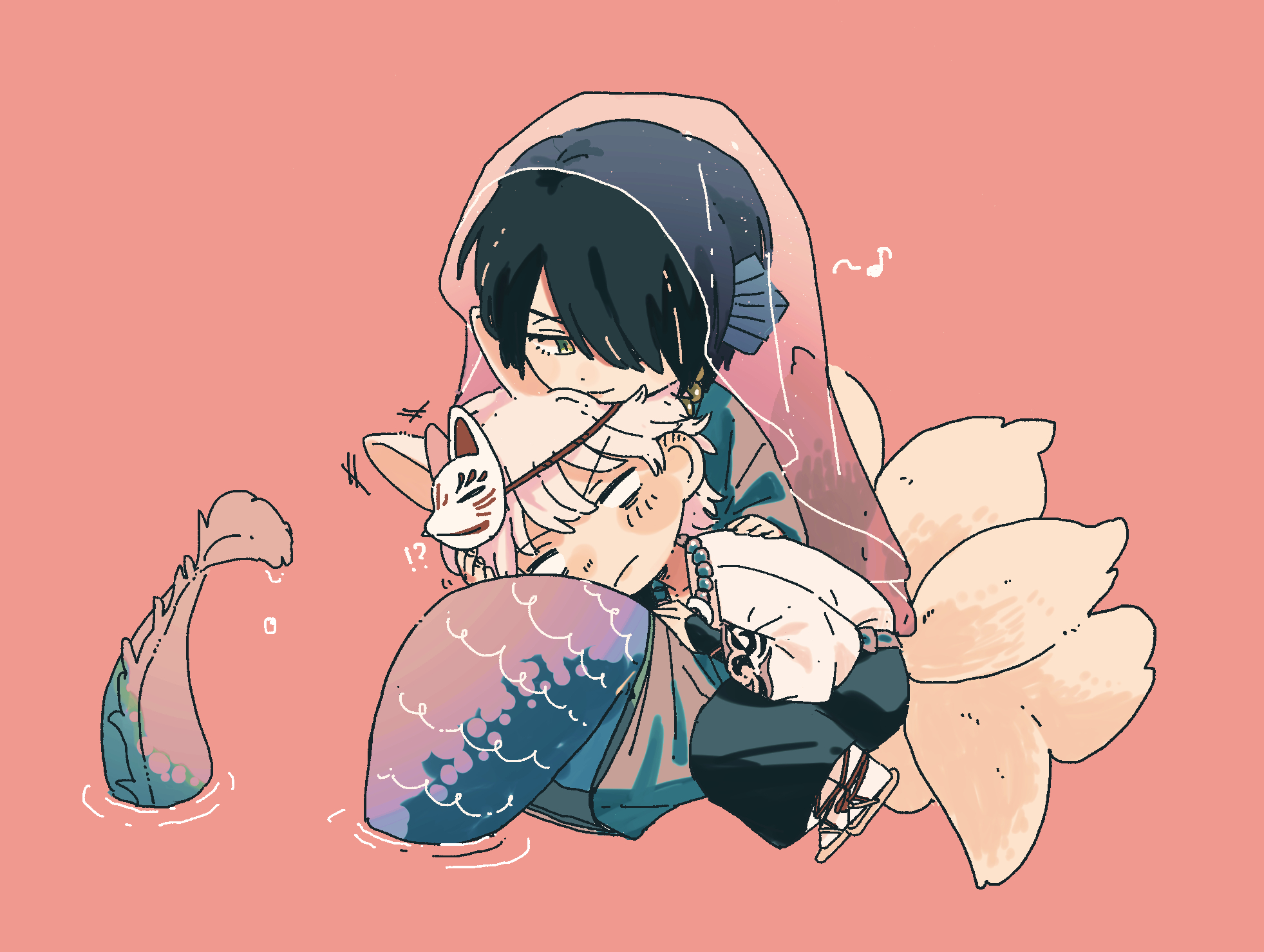 sakata gintoki, takasugi shinsuke, gintama, highres, 2boys, animal ears, arm guards, bead necklace, beads, black hair, black pants, blank eyes, brown sandals, closed mouth, eighth note, fins, fox boy, fox ears, fox mask, fox tail, green eyes, grey hair, hair over one eye, hana monaka, head fins, japanese clothes, jewelry, kemonomimi mode, kimono, male focus, mask, mask on head, merman, monster boy, monsterification, multiple boys, musical note, necklace, pants, red background, ripples, sandals, see-through clothes, smile, tail, v-shaped eyebrows, veil, water, white kimono