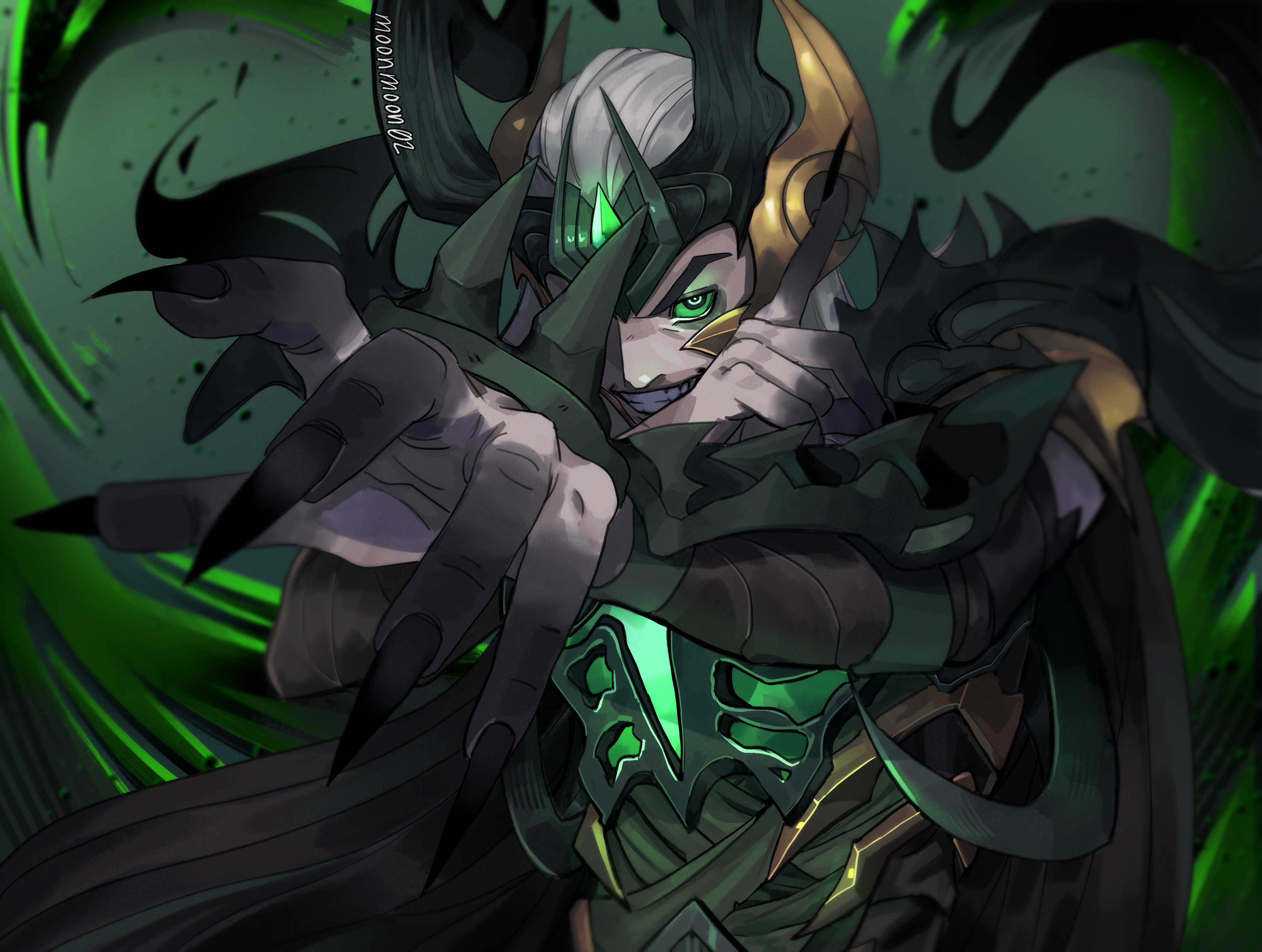 moon (moonmoon02 l), loki (marvel), marvel, marvel rivals, thor (marvel) (series), absurdres, commentary, english commentary, highres, 1boy, armor, black nails, colored sclera, fake horns, fingernails, gem, green armor, green background, green eyes, green gemstone, green sclera, green theme, grin, horned headwear, horns, long fingernails, long hair, looking at viewer, male focus, official alternate costume, one eye covered, reaching, reaching towards viewer, sharp fingernails, smile, solo, upper body, white hair