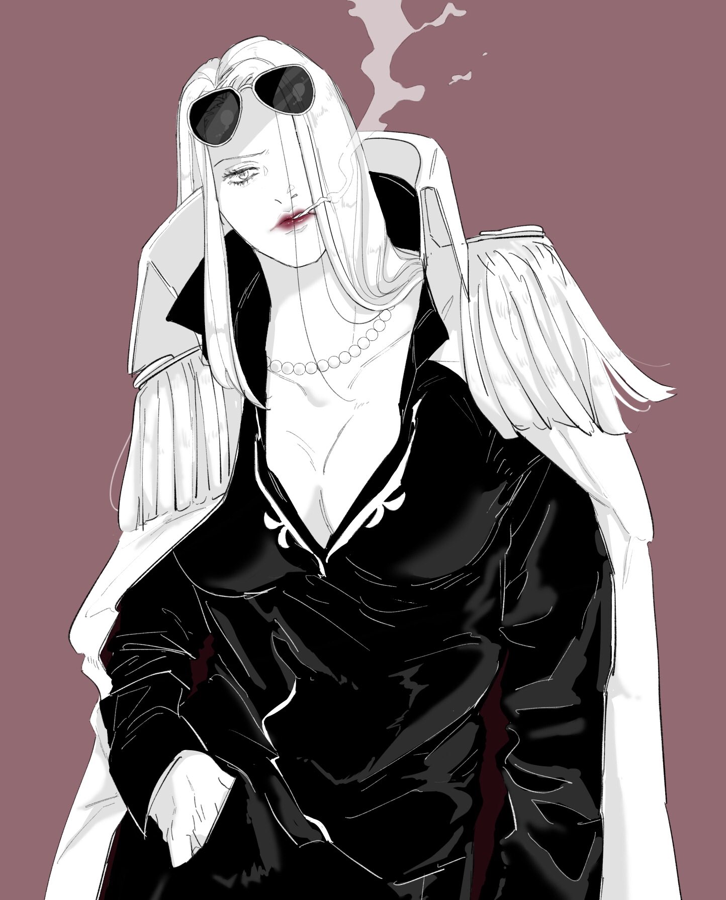 hina (one piece), one piece, commentary request, highres, 085reed, 1girl, breasts, brown background, cigarette, cleavage, coat, coat on shoulders, collared coat, epaulettes, eyelashes, eyewear on head, greyscale with colored background, hair over one eye, hand in pocket, jewelry, long hair, necklace, pearl necklace, red lips, simple background, smoke