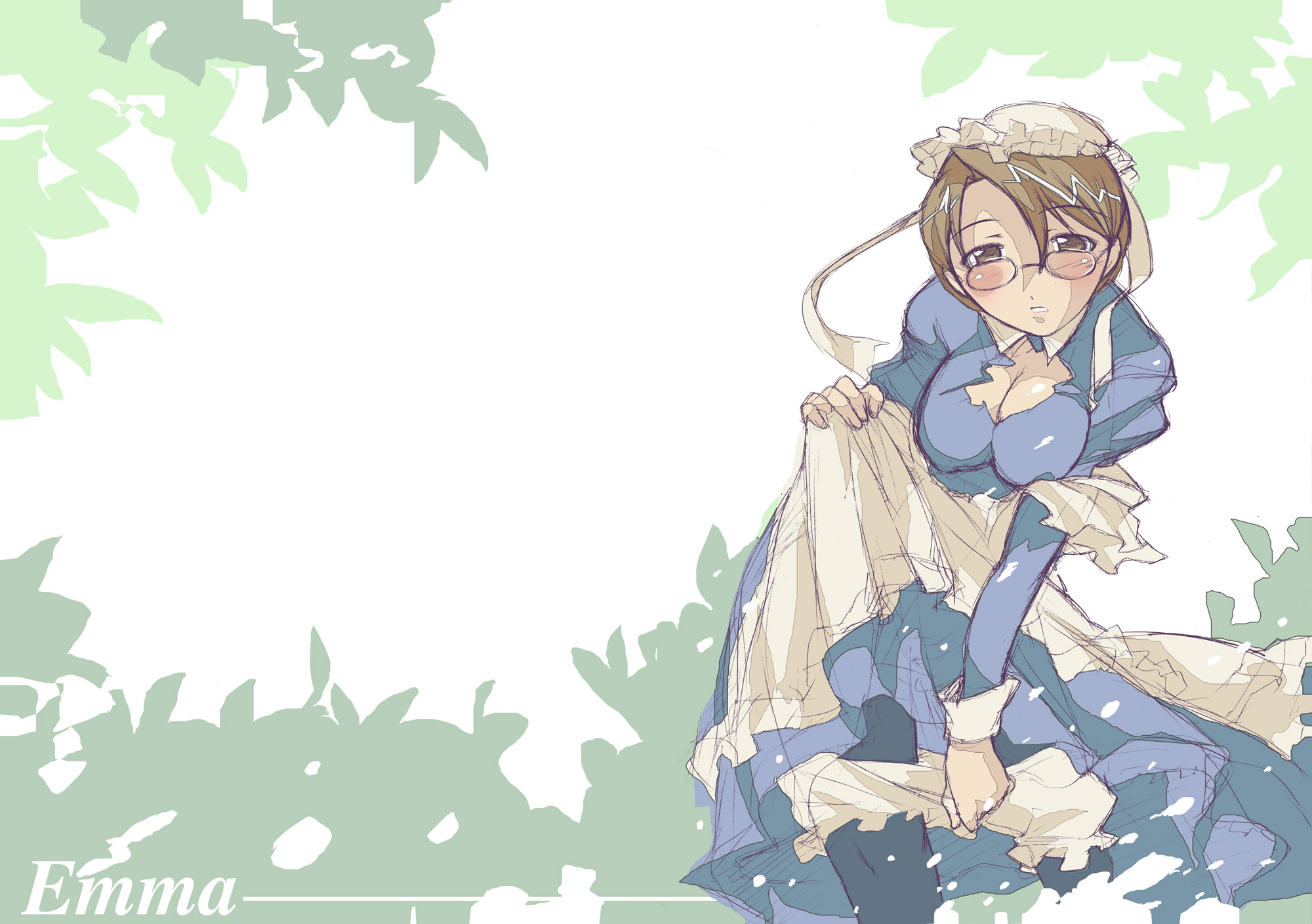 emma, emma (victorian romance emma), victorian romance emma, highres, 00s, 1girl, apron, blush, female focus, glasses, maid, maid apron, simple background, solo