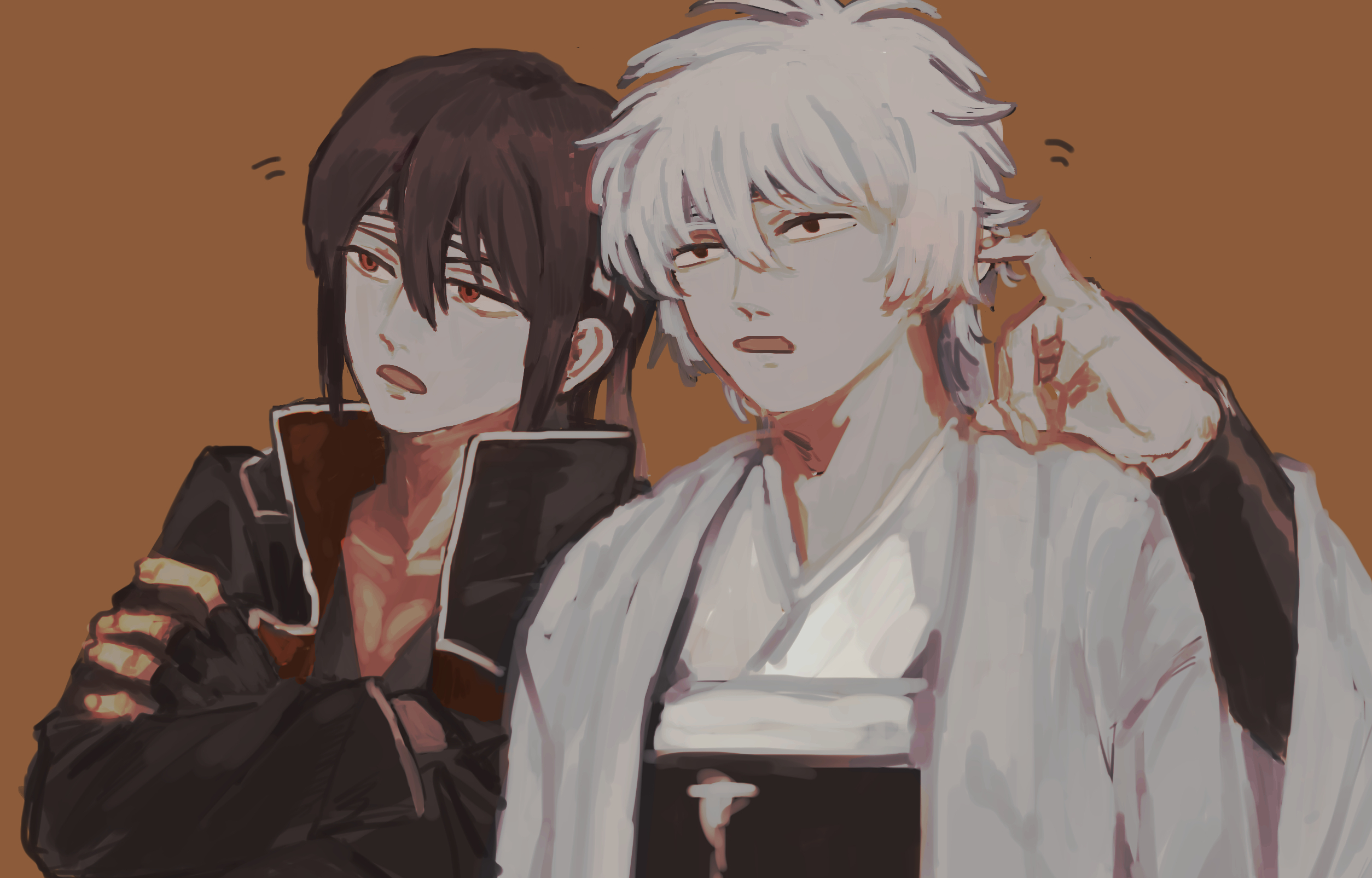 sakata gintoki, takasugi shinsuke, gintama, highres, 2boys, black gloves, black jacket, brown background, crossed arms, finger in ear, fingerless gloves, gloves, hair between eyes, hana monaka, jacket, japanese clothes, kimono, long sleeves, male focus, motion lines, multiple boys, obi, open mouth, red eyes, sash, simple background, upper body, white hair, white kimono