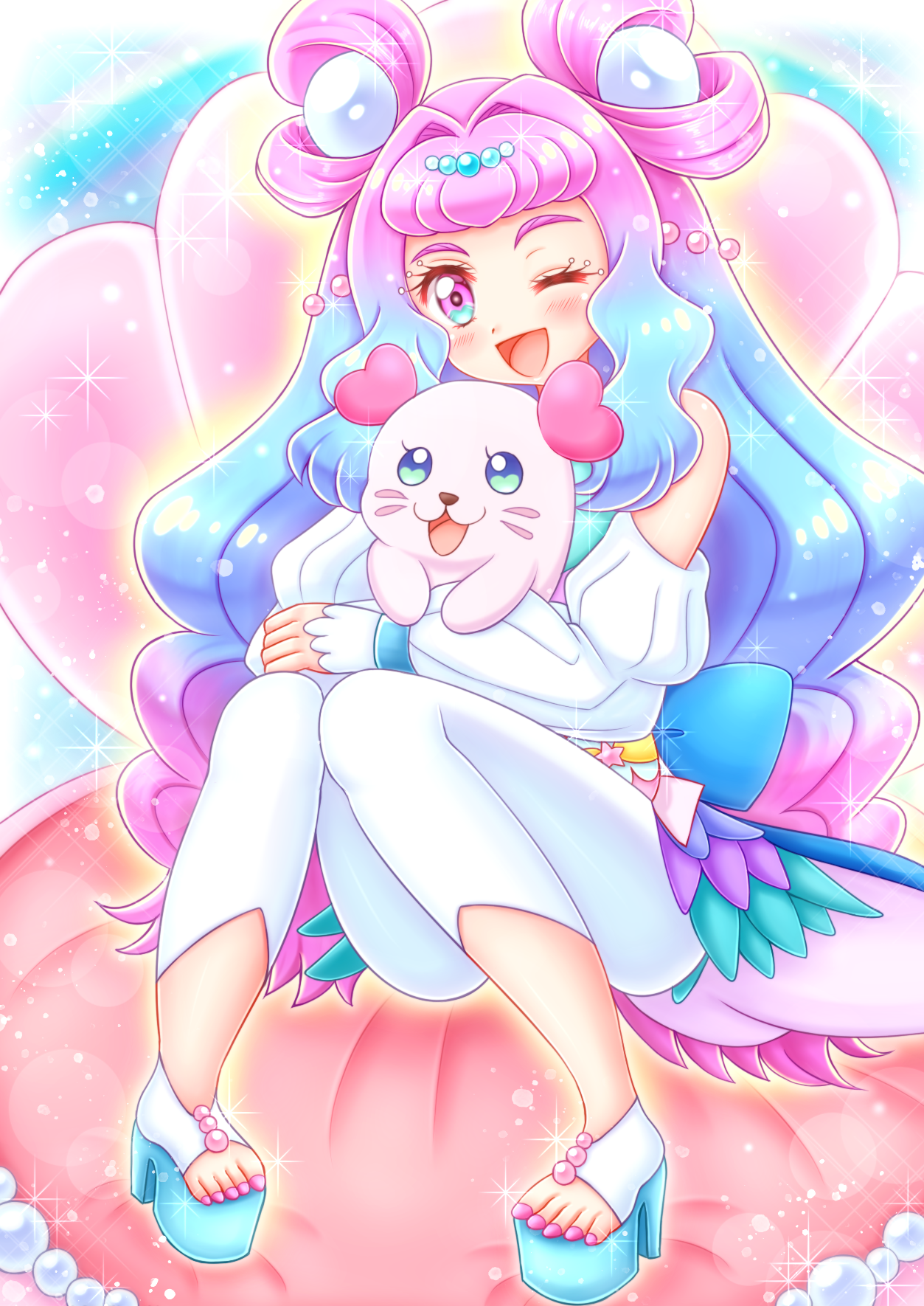 niwatori (syamo chamo), cure la mer, kururun (precure), laura la mer, precure, tropical-rouge! precure, highres, 1girl, 1other, aqua eyes, aqua hair, blush, gradient eyes, gradient hair, hug, hug from behind, jewelry, long hair, long sleeves, looking at viewer, multicolored eyes, multicolored hair, nail polish, one eye closed, open mouth, pearl hair ornament, pink eyes, pink hair, sandals, smile, toenail polish, toenails