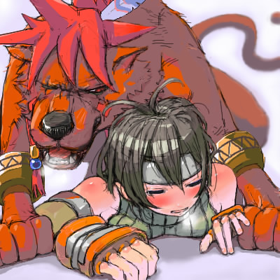 cyanide, red xiii, yuffie kisaragi, final fantasy, final fantasy vii, lowres, non-web source, 1990s (style), 1boy, 1girl, bare shoulders, bent over, bestiality, blush, breast press, breath, closed eyes, fingerless gloves, gloves, headband, hetero, lying, on stomach, prone bone, retro artstyle, sex, sex from behind, sleeveless, sleeveless turtleneck, top-down bottom-up, turtleneck, vaginal