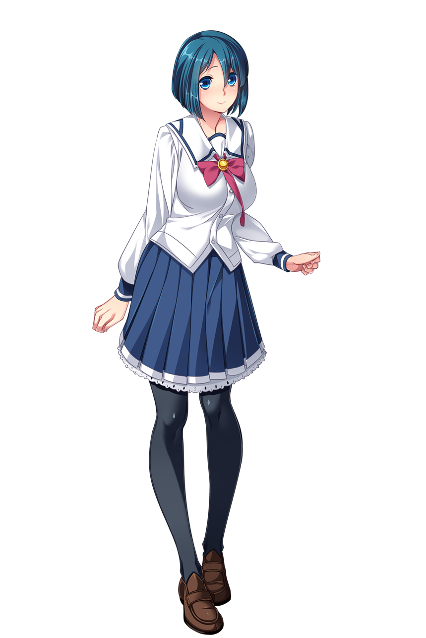 nana g, mizushima aoi, sailor element, game cg, highres, large variant set, non-web source, official art, variant set, 1girl, black pantyhose, blue eyes, blue hair, blue skirt, blush, bow, breasts, full body, large breasts, loafers, long sleeves, looking at viewer, pantyhose, pleated skirt, school uniform, shoes, short hair, skirt, smile, solo, standing, transparent background