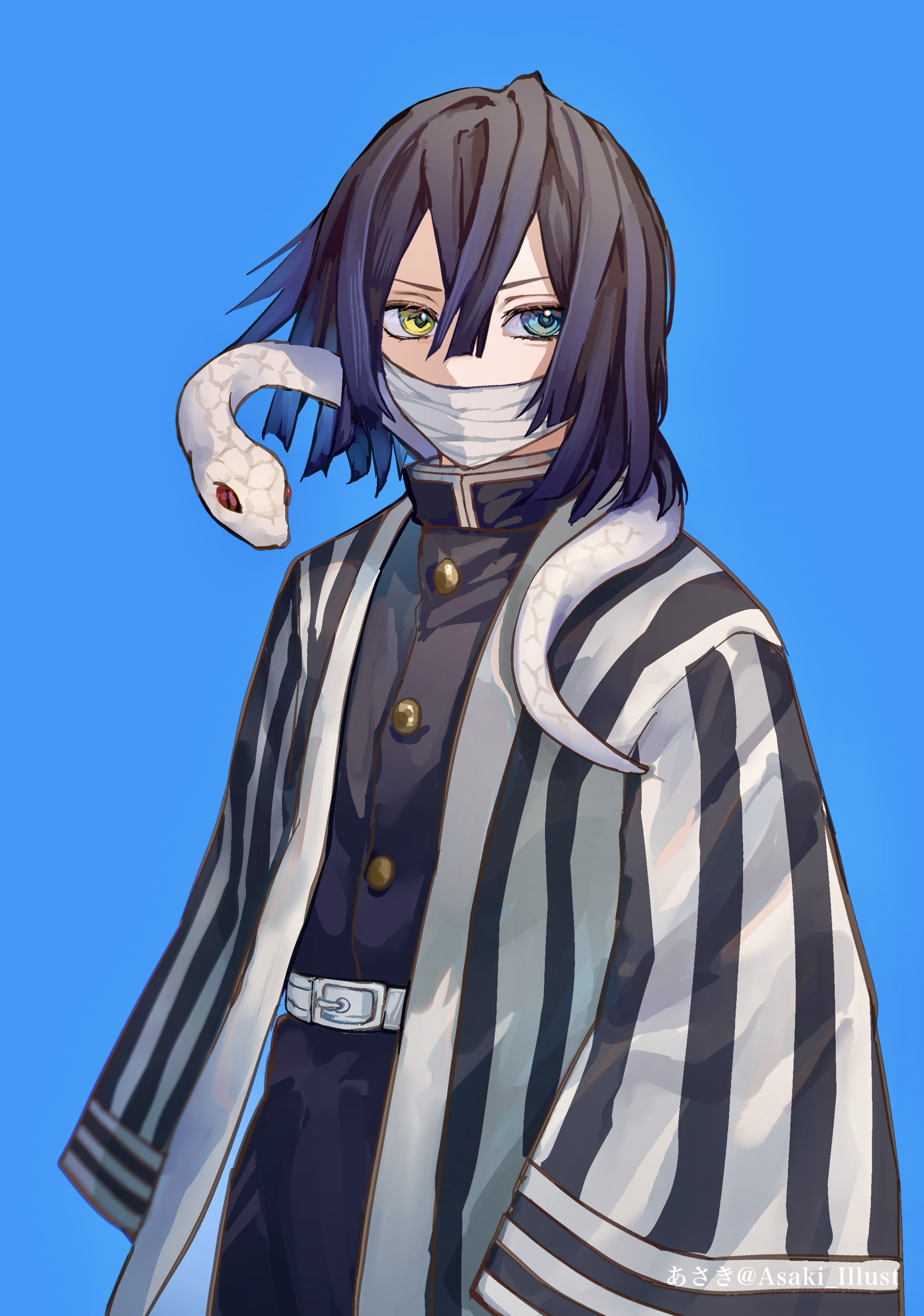 asaki illust, iguro obanai, kaburamaru, kimetsu no yaiba, absurdres, commentary request, highres, 1boy, black hair, blue eyes, covered mouth, cowboy shot, demon slayer uniform, hair between eyes, haori, heterochromia, japanese clothes, male focus, medium hair, sash, simple background, snake, striped clothes, twitter username, vertical-striped clothes, yellow eyes