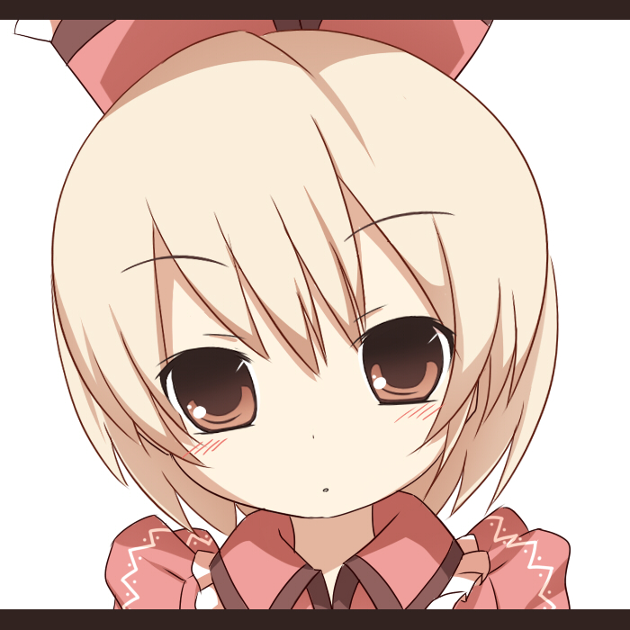 miko machi, lyrica prismriver, touhou, 1girl, blonde hair, female focus, hat, red eyes, short hair, simple background, solo, white background