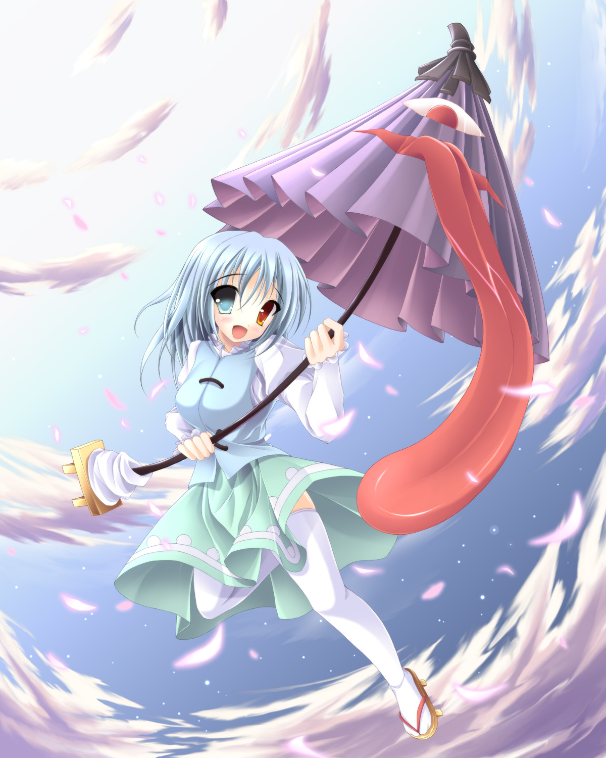 angelica (pixiv), tatara kogasa, touhou, highres, 1girl, blue eyes, blue hair, cloud, day, female focus, geta, heterochromia, karakasa obake, matching hair/eyes, oil-paper umbrella, red eyes, sky, solo, thighhighs, tongue, umbrella
