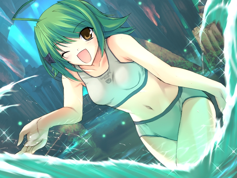 onigirikun, natsumi cameron, 5pb., pastel chime, pastel chime continue, game cg, non-web source, 1girl, ahoge, brown eyes, dutch angle, female focus, green hair, one eye closed, panties, short hair, solo, splashing, sports bra, underwear, underwear only, water, wink