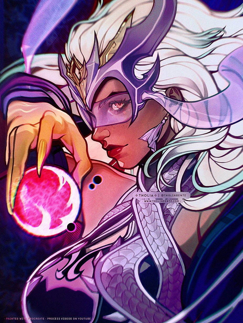 tholia bentz, scarlet witch, marvel, marvel rivals, commentary, english commentary, highres, procreate (medium), 1girl, aqua hair, artist name, blurry, chinese clothes, depth of field, dress, earrings, fingernails, gradient hair, jewelry, long fingernails, long hair, looking at viewer, looking to the side, magic, multicolored hair, official alternate costume, orange eyes, orb, purple-tinted eyewear, purple dress, purple theme, rimless eyewear, sharp fingernails, sleeveless, sleeveless dress, solo, tinted eyewear, upper body, white hair, yellow nails
