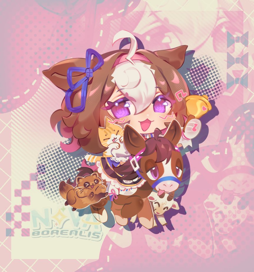nova borealis, meisho doto (blue/raging) (umamusume), meisho doto (racehorse), meisho doto (umamusume), meto (cat), umamusume, > <, 1girl, ahoge, animal ears, bell, blue dress, blush, bow, breasts, brown hair, cat, chibi, closed eyes, closed mouth, creature and personification, double-parted bangs, dress, ear ribbon, gloves, goat, hair between eyes, hairband, headband, holding, holding bell, horns, horse, horse ears, horse girl, horse tail, horseback riding, looking at viewer, medium hair, multicolored hair, musical note, open mouth, personification, pink hairband, pink headband, purple eyes, riding, shirt, short hair, short sleeves, smile, tail, tanuki, tongue, tongue out, two-tone hair, whiskers, white dress, white gloves, white hair
