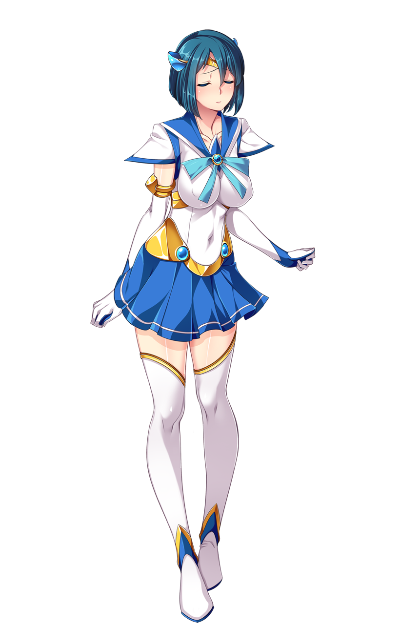 nana g, mizushima aoi, sailor element, game cg, highres, large variant set, non-web source, official art, variant set, 1girl, alternate costume, blue hair, blue sailor collar, blue skirt, blush, boots, breasts, closed eyes, covered navel, elbow gloves, full body, gloves, hair ornament, impossible clothes, large breasts, magical girl, miniskirt, pleated skirt, sailor aqua (sailor element), sailor collar, short hair, skirt, solo, standing, thigh boots, thighhighs, transparent background, white gloves, zettai ryouiki