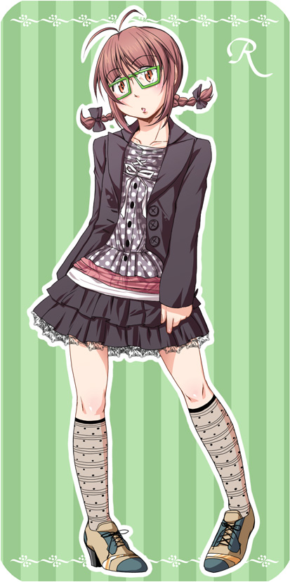 natsumi akira, akizuki ritsuko, idolmaster, idolmaster (classic), idolmaster 1, 00s, 1girl, braid, brown hair, fashion, female focus, glasses, green eyes, orange eyes, polka dot, short hair, solo, twin braids