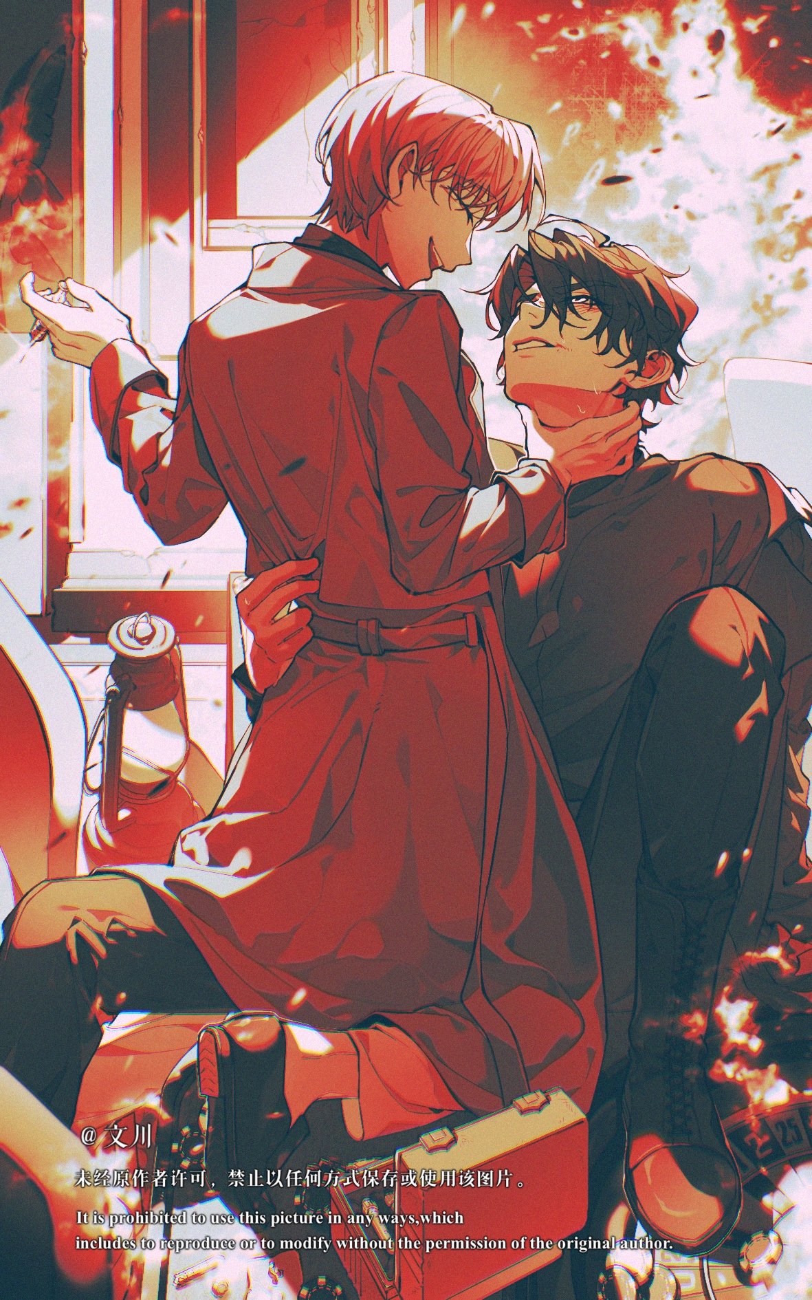 yoo joonghyuk, omniscient reader's viewpoint, commentary, english commentary, highres, 2boys, backlighting, black coat, black hair, chair, cheon inho, coat, coat partially removed, curtained hair, full body, hand on another's back, hand on another's neck, hands up, holding neck, knee up, kneeling, lantern, light particles, multiple boys, nicayuko, red coat, red hair, short hair, sitting, yaoi