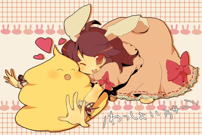 azuma seiji, inaba tewi, touhou, bad id, bad pixiv id, 1girl, animal ears, brown hair, cheek-to-cheek, female focus, full body, heads together, poop, rabbit ears, red eyes, short hair, solo, top-down bottom-up, wrist cuffs