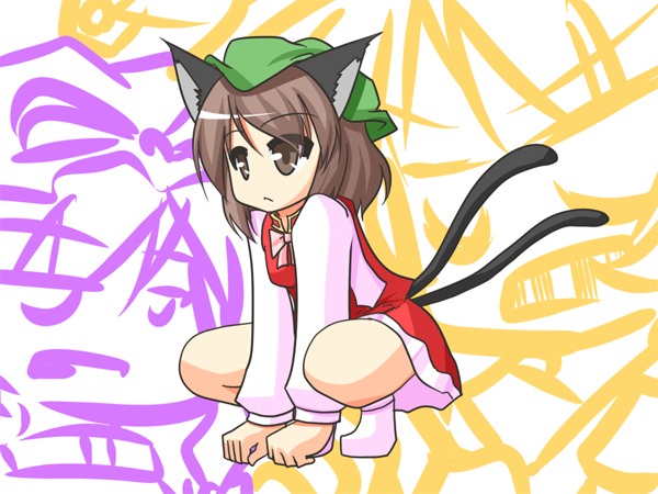 urushi, chen, yakumo ran, yakumo yukari, touhou, 3girls, animal ears, brown eyes, brown hair, cat ears, cat girl, cat tail, female focus, hat, long sleeves, multiple girls, multiple tails, short hair, socks, squatting, tail
