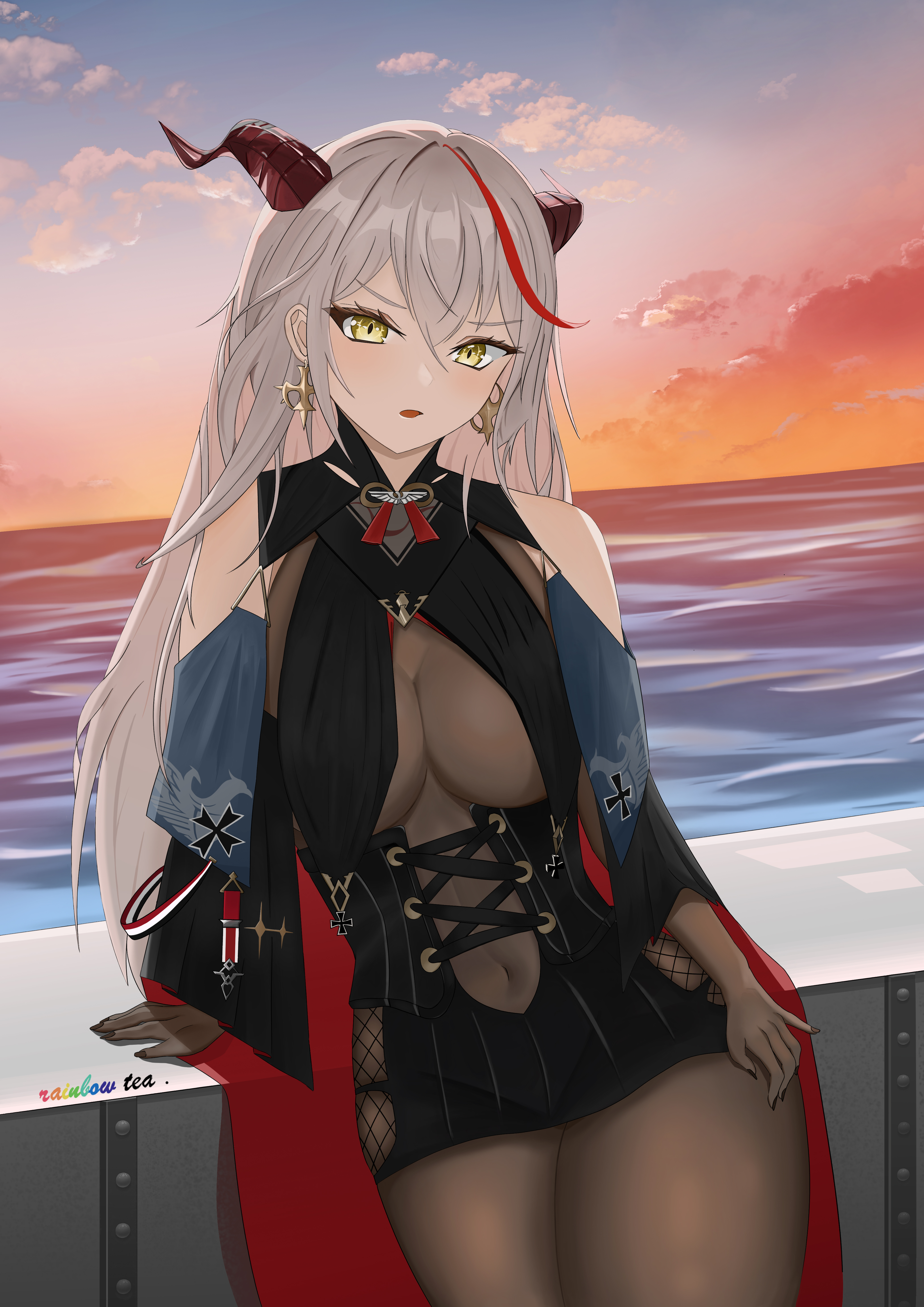 aegir (azur lane), azur lane, absurdres, chinese commentary, commentary request, highres, 1girl, backward-facing horns, bare shoulders, black cape, black gloves, black skirt, bodystocking, breast curtains, breasts, cape, covered navel, cowboy shot, cross, cross earrings, demon horns, earrings, elbow gloves, gloves, hair between eyes, horns, iron cross, jewelry, large breasts, leaning back, looking at viewer, miniskirt, multicolored hair, outdoors, red horns, red streaks, skirt, solo, streaked hair, sunset, two-tone cape, user mmrk3424, water, yellow eyes