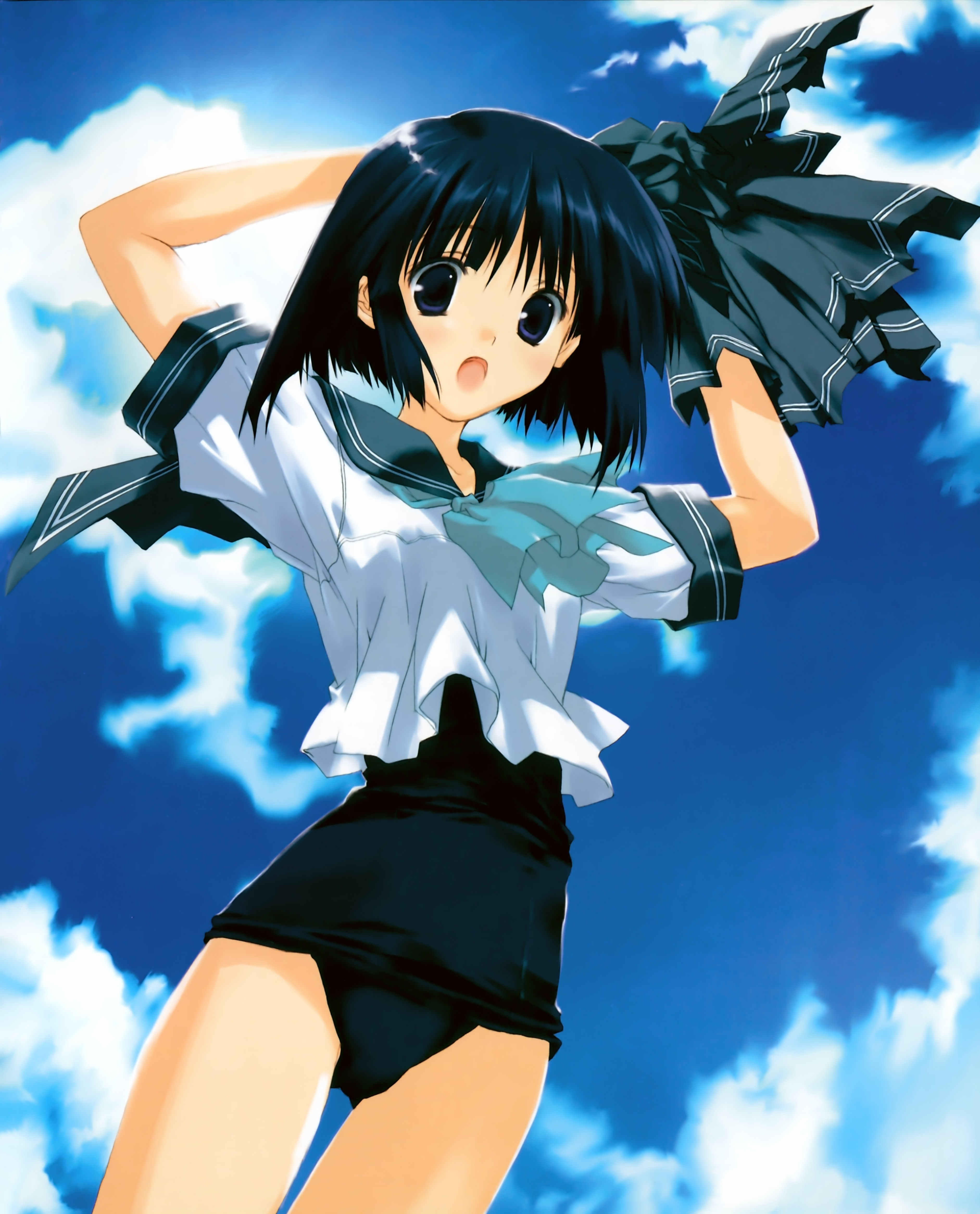 mitsumi misato, absurdres, highres, blue hair, cloud, day, purple eyes, school uniform, short hair, solo