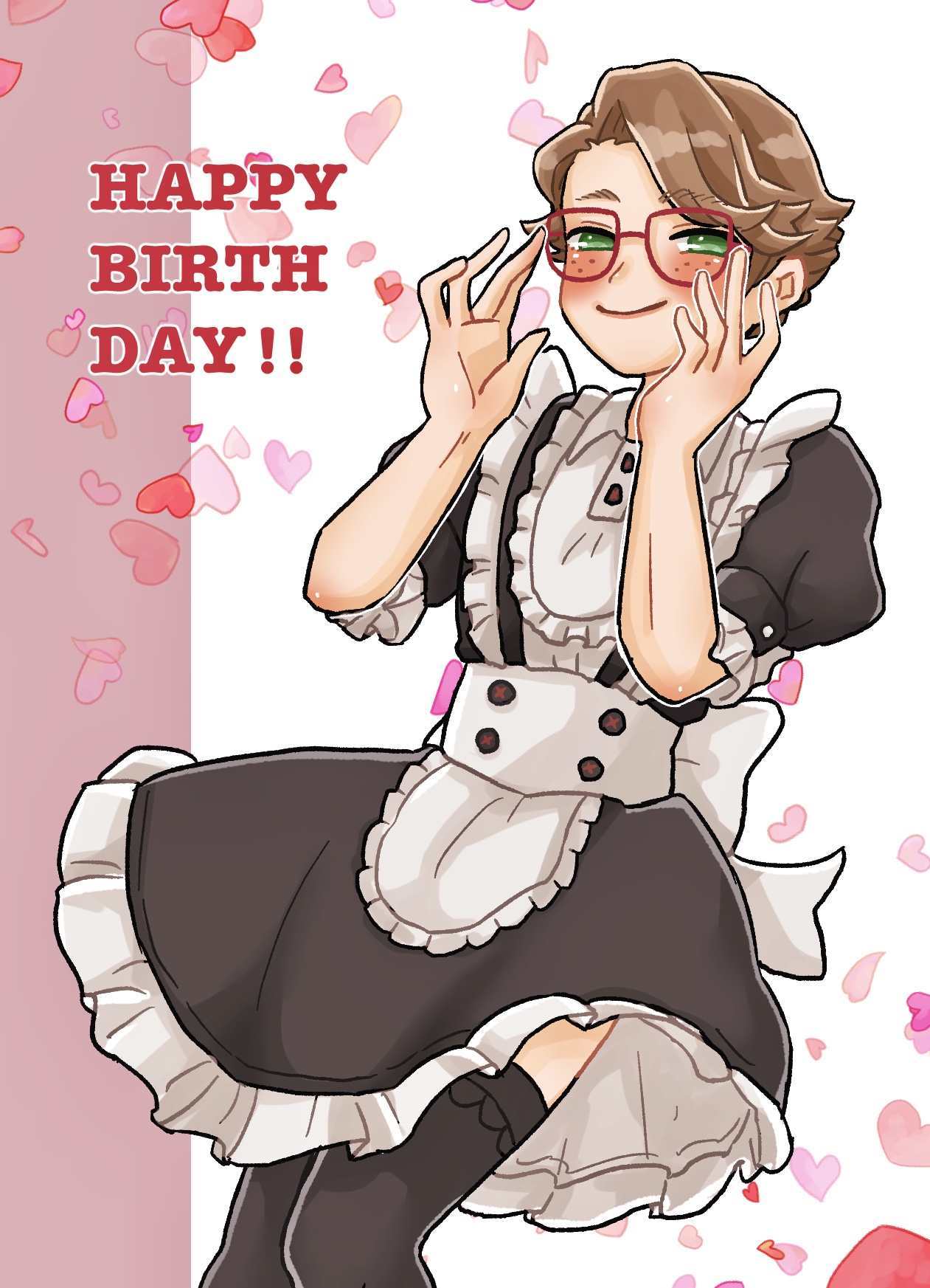 az main12, lucky guy, lucky guy (maid outfit), identity v, highres, 1boy, black dress, black thighhighs, blush, brown hair, crossdressing, crossdressing (mtf), dress, freckles, glasses, green eyes, hands up, happy birthday, short sleeves, smile, solo, thighhighs