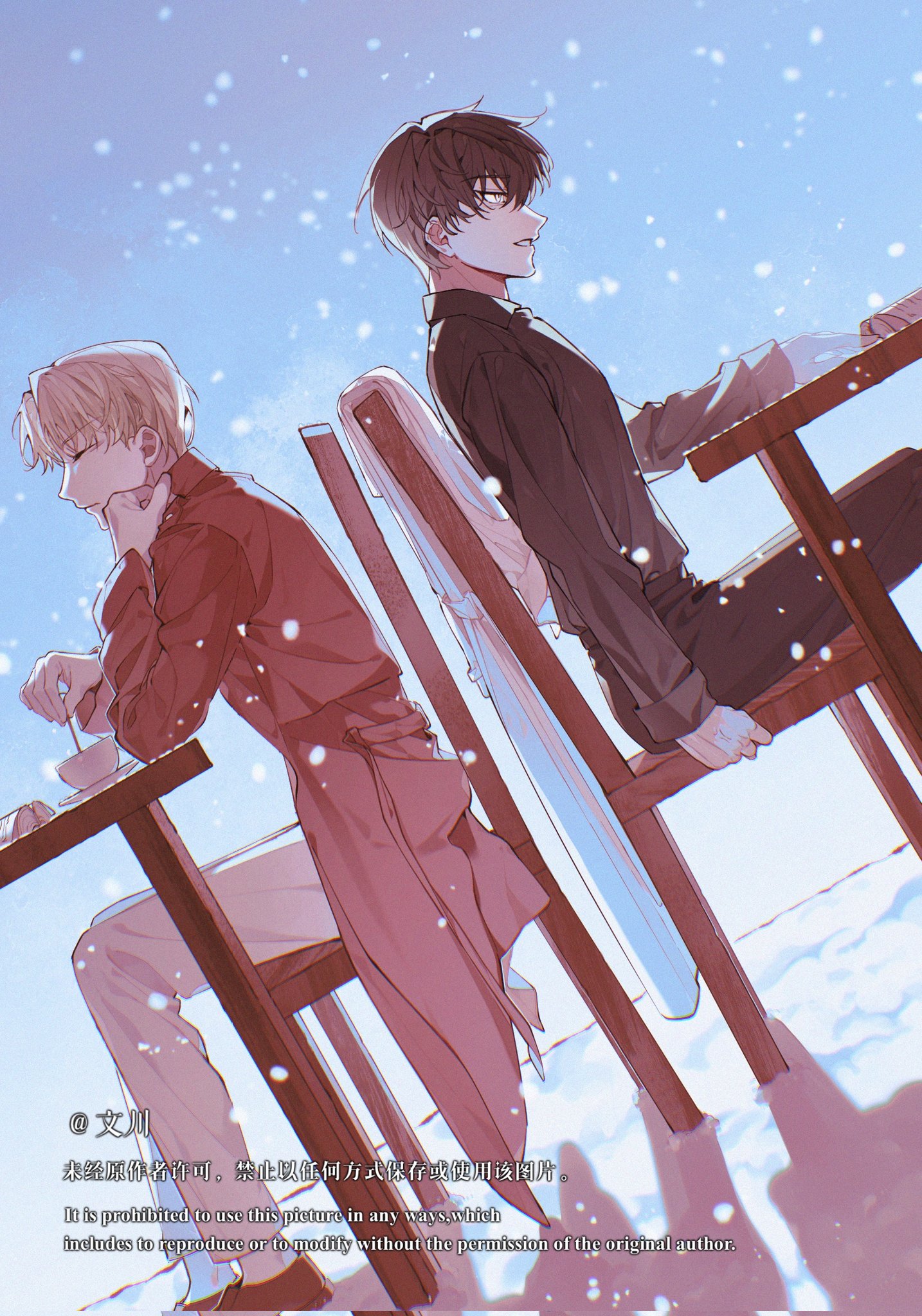 kim dokja, yoo joonghyuk, omniscient reader's viewpoint, commentary, english commentary, highres, 2boys, black hair, black shirt, blonde hair, breasts, clenched teeth, closed eyes, coat, cup, expressionless, full body, large breasts, male focus, multiple boys, nicayuko, outdoors, parted lips, pen coat, red coat, shirt, sitting, snow, snowing, stirring, table, teeth, unworn coat, white coat