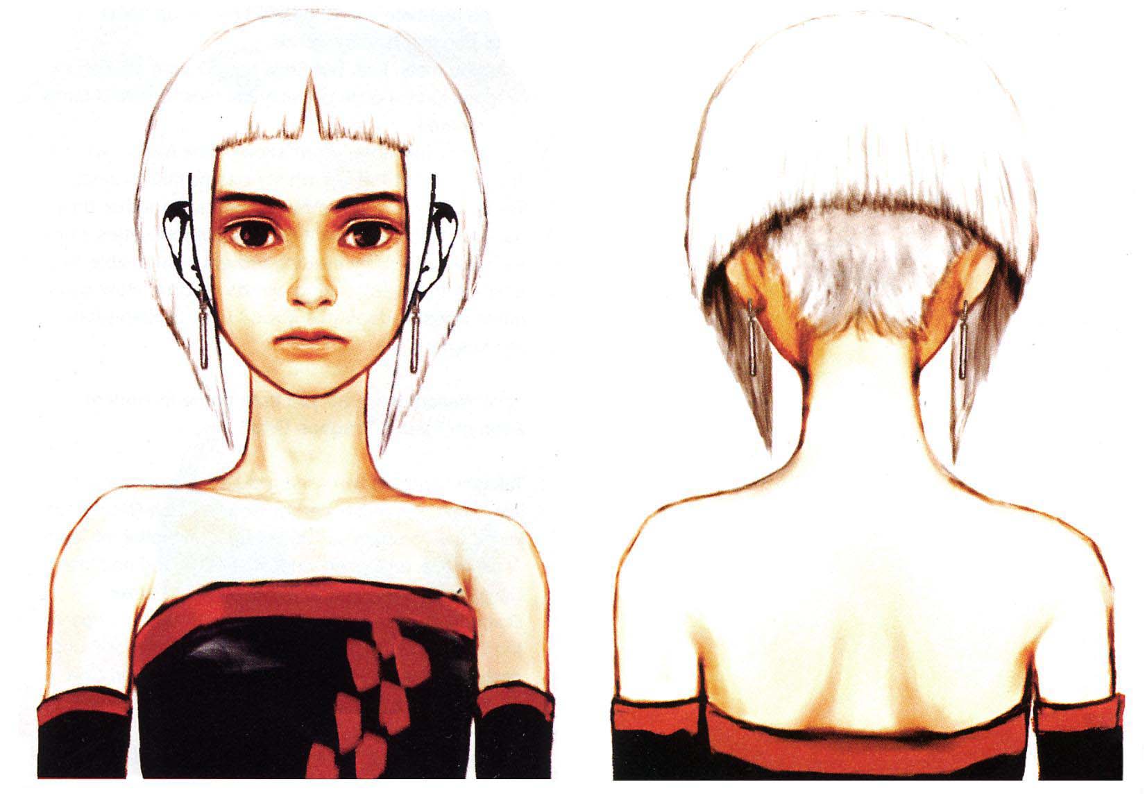 orta, panzer dragoon, panzer dragoon orta, sega, silver hair, concept art, highres, official art, 1girl, bare shoulders, black eyes, detached sleeves, dress, earrings, elbow gloves, flat chest, gloves, jewelry, short hair, strapless, strapless dress, tube dress