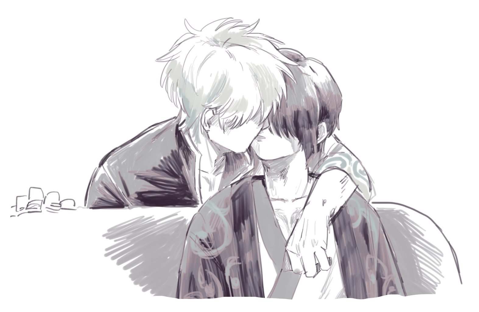 sakata gintoki, takasugi shinsuke, gintama, 2boys, arm around neck, arm around shoulder, cropped torso, greyscale, hana monaka, hand up, japanese clothes, kimono, kiss, long sleeves, male focus, monochrome, multiple boys, open clothes, shirt, simple background, upper body, white background, wide sleeves, yaoi