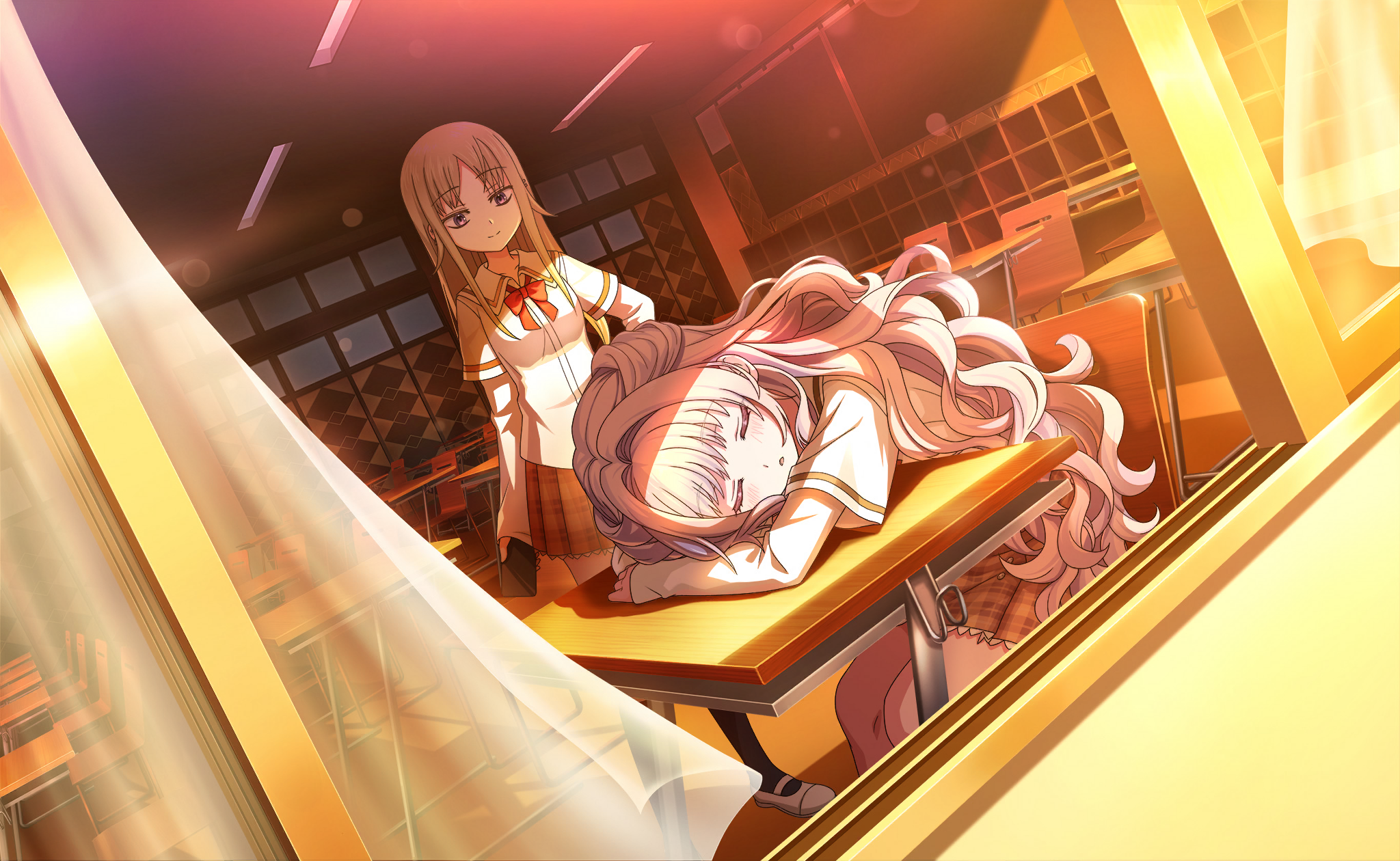 yukino kanae, magia record: mahou shoujo madoka magica gaiden, mahou shoujo madoka magica, mahou shoujo madoka magica magia exedra, artist request, game cg, highres, official art, 2girls, arms on table, black socks, blonde hair, bow, bowtie, breasts, brown skirt, ceiling light, cellphone, chair, chalkboard, classroom, closed eyes, collared shirt, curtains, desk, dutch angle, eyelashes, full body, hair intakes, hand on own hip, happy, head on table, holding, holding phone, indoors, kneehighs, lace, lace-trimmed skirt, lace trim, layered sleeves, light particles, long hair, long sidelocks, long sleeves, looking at another, mary janes, medium breasts, miniskirt, multiple girls, on chair, parted bangs, parted lips, phone, plaid clothes, plaid skirt, pleated skirt, purple eyes, red bow, red bowtie, sakae general school uniform, school chair, school desk, school uniform, shirt, shoes, short over long sleeves, short sleeves, sidelocks, sitting, skirt, sleeping, sleeves past wrists, smartphone, socks, standing, straight hair, sunset, very long hair, wavy hair, white hair, white shirt, white shoes, window, yoake sumire