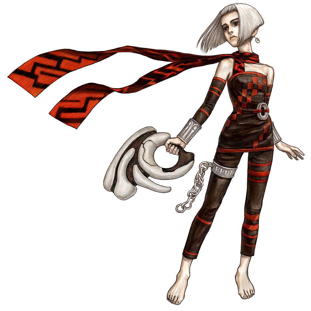 orta, panzer dragoon, panzer dragoon orta, sega, silver hair, official art, 1girl, bare shoulders, barefoot, black eyes, capri pants, chain, detached sleeves, dress, earrings, elbow gloves, feet, female focus, flat chest, gloves, gun, jewelry, pale skin, pants, scarf, short hair, simple background, solo, strapless, strapless dress, tube dress, weapon