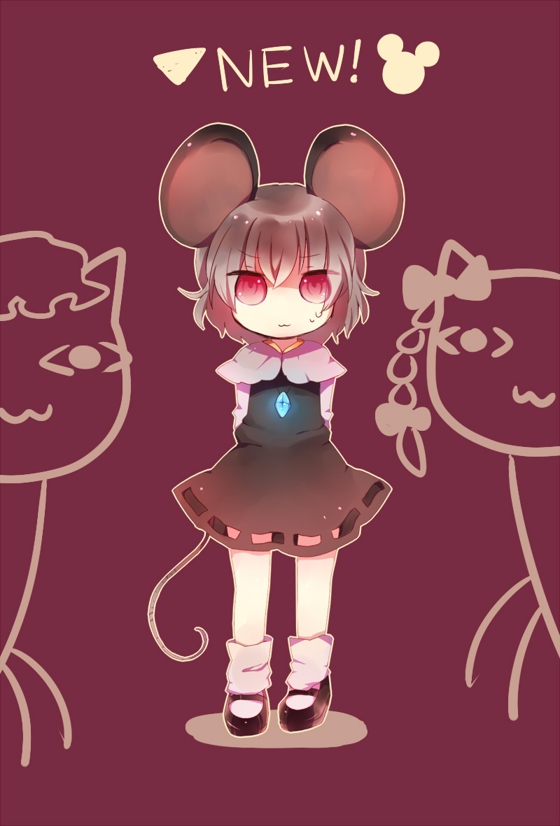 miyako (xxxbibit), myk, chen, chen (cat), kaenbyou rin, kaenbyou rin (cat), nazrin, touhou, silver hair, bad id, bad pixiv id, 1girl, :3, animal ears, chibi, female focus, glowing, jewelry, mouse ears, mouse tail, nervous, pendant, red eyes, short hair, simple background, sweatdrop, tail