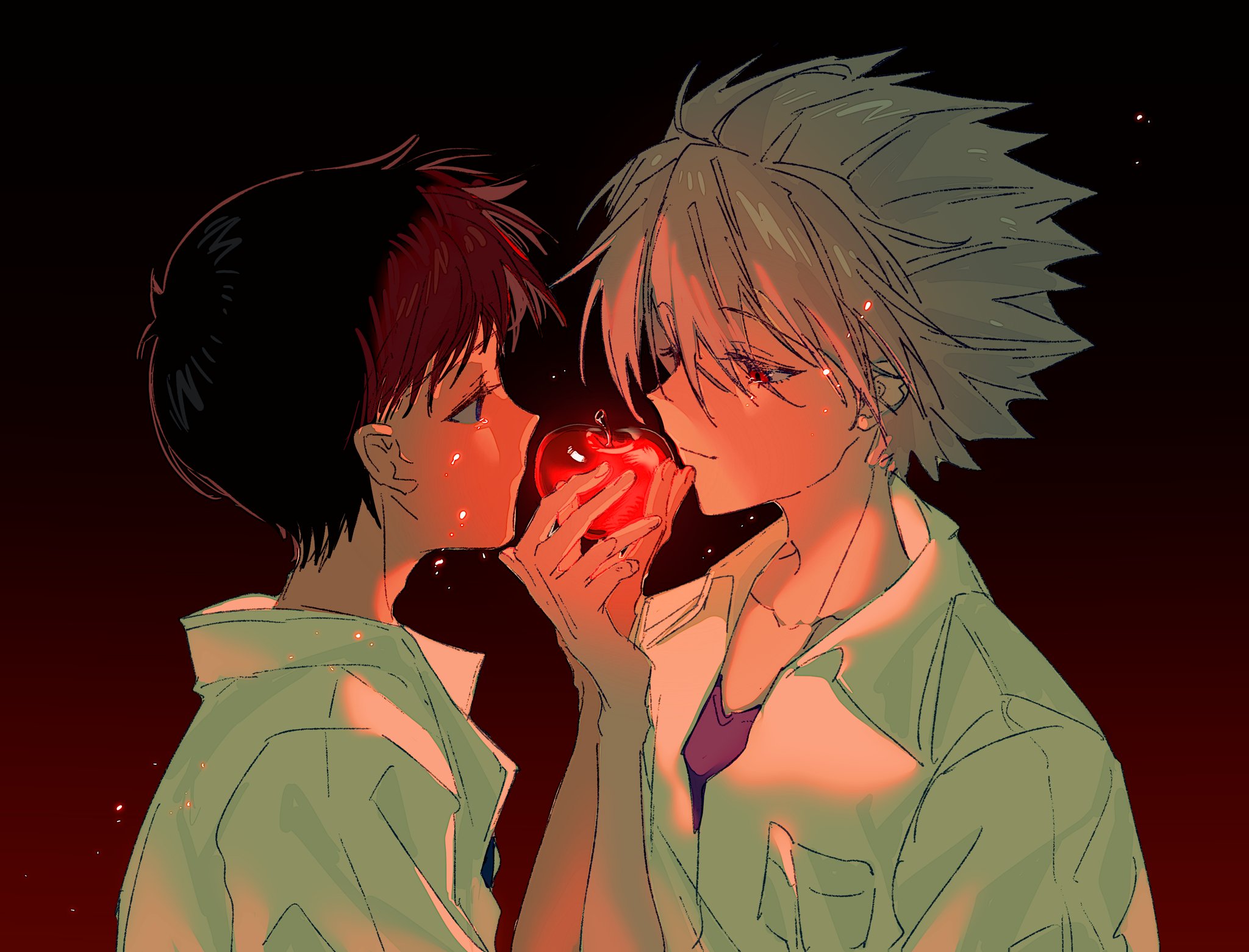 ikari shinji, nagisa kaworu, neon genesis evangelion, commentary, highres, symbol-only commentary, 2boys, apple, black hair, blue eyes, closed mouth, collared shirt, edie zzzzz, food, from side, fruit, grey hair, male focus, multiple boys, pocket, purple shirt, red eyes, shirt, short hair, upper body, white shirt