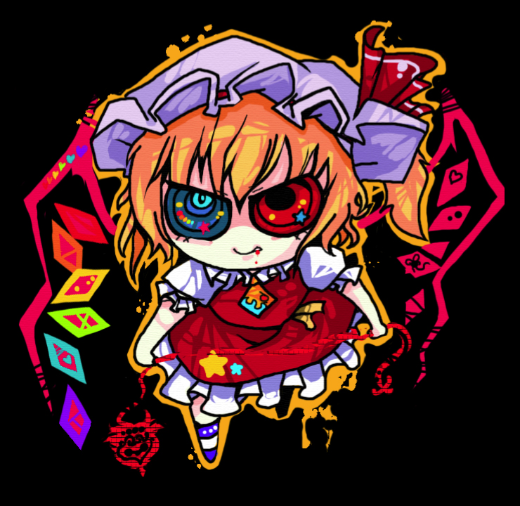 terada tera, flandre scarlet, touhou, bad id, bad pixiv id, 1girl, black background, blonde hair, blouse, chibi, crazy eyes, female focus, full body, hair between eyes, hat, mob cap, shirt, short hair, solo, white shirt, wings