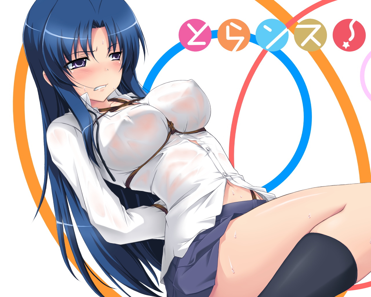 aquamu, kawashima ami, toradora!, 00s, 1girl, arms behind back, bdsm, blue hair, blush, bondage, bound, breast bondage, breasts, covered erect nipples, female focus, large breasts, long hair, navel, solo, sweat