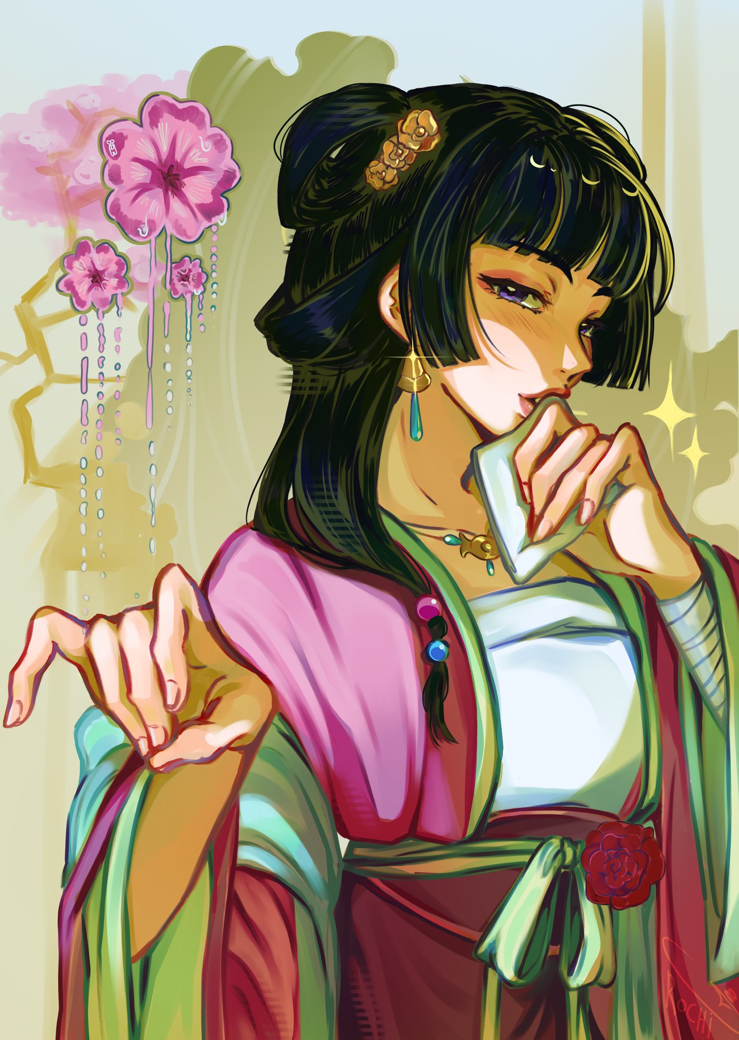 maomao (kusuriya no hitorigoto), kusuriya no hitorigoto, commentary, highres, 1girl, black hair, blunt bangs, blush, eyeshadow, flower, glint, holding, jewelry, long hair, makeup, necklace, pink flower, purple eyes, rochip00, sash, sidelocks, solo, sparkle, upper body, wide sleeves