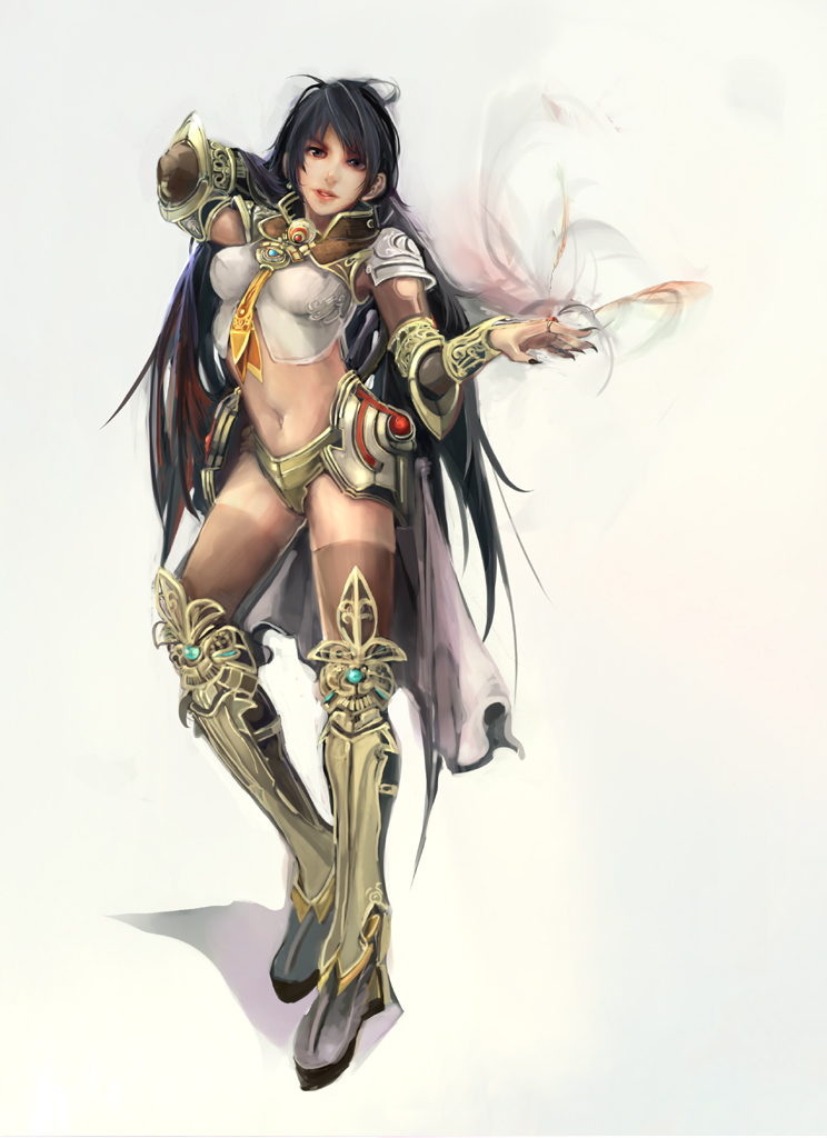 asigaru, original, 1girl, armor, black eyes, black hair, black nails, boots, breasts, elbow gloves, female focus, fingernails, gloves, jewelry, long fingernails, long hair, midriff, nail (hardware), nail polish, ring, solo, thighhighs