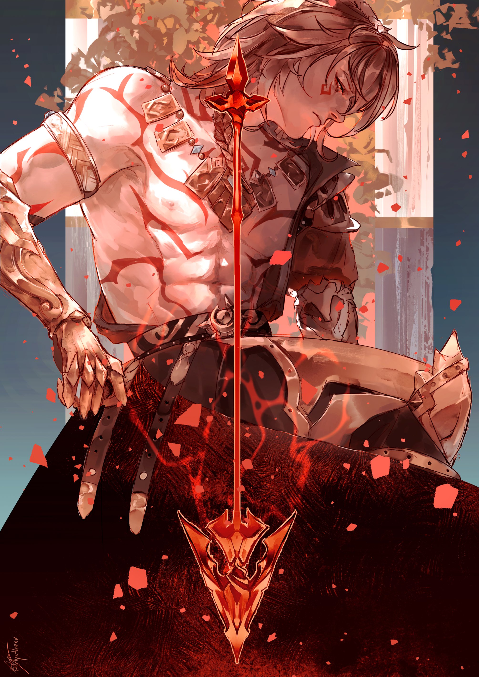 ayatheav, mydei (honkai: star rail), honkai: star rail, honkai (series), gold armlet, absurdres, commentary, highres, symbol-only commentary, 1boy, abs, armlet, blonde hair, braid, chest tattoo, clawed gauntlets, closed mouth, facial tattoo, from side, gold necklace, jewelry, male focus, necklace, nipples, nose, pectorals, red tattoo, side braid, single braid, solo, tattoo, yellow eyes