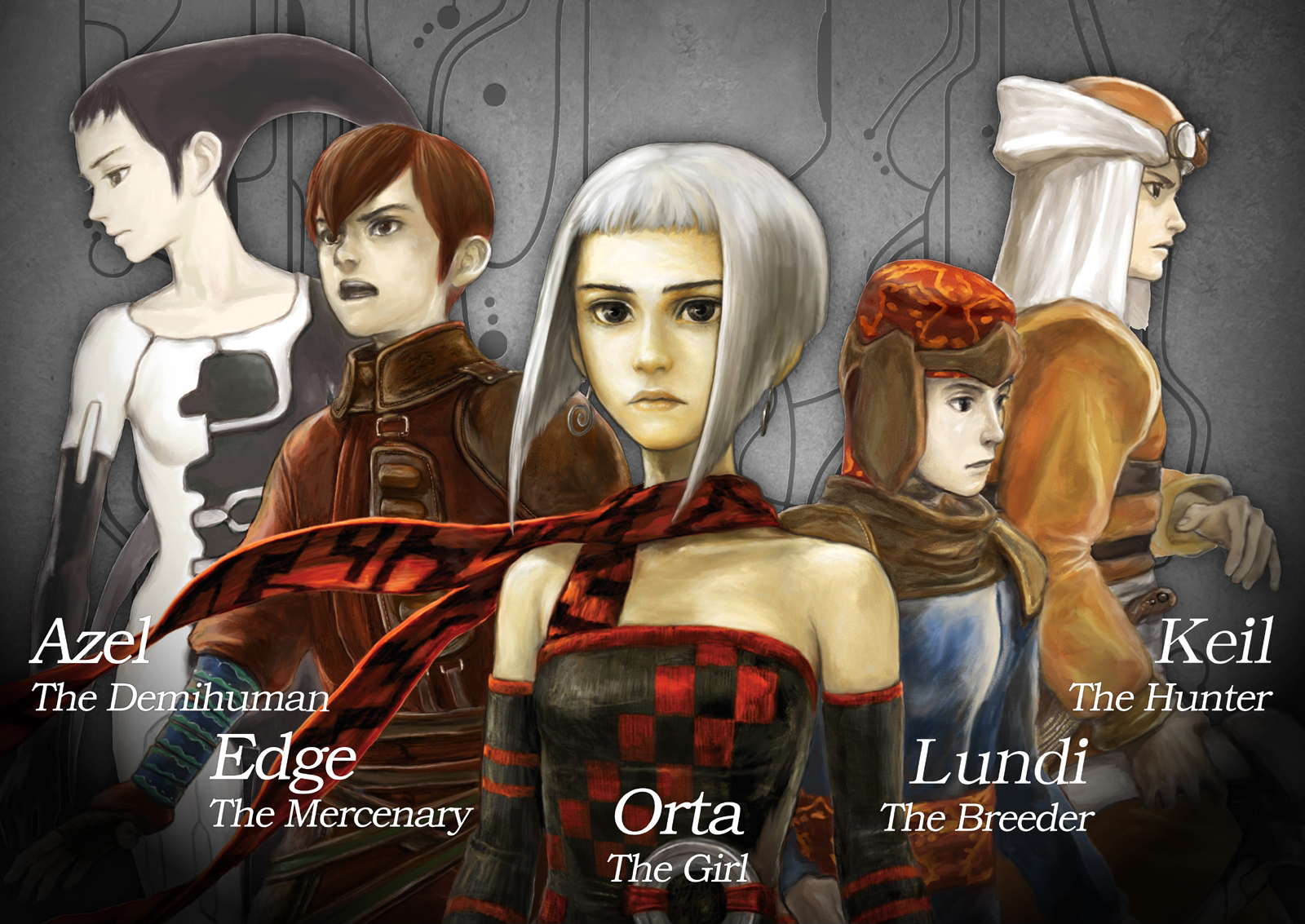 azel (panzer dragoon), edge (panzer dragoon), jean-luc lundi, keil fluge, keil fudge, orta, panzer dragoon, panzer dragoon orta, panzer dragoon saga, panzer dragoon zwei, sega, silver hair, highres, 2girls, 3boys, bare shoulders, black eyes, black hair, bodysuit, brown hair, character name, detached sleeves, dress, earrings, elbow gloves, everyone, fingerless gloves, flat chest, gloves, goggles, helmet, jewelry, knife, long hair, military, military uniform, multiple boys, multiple girls, scarf, short hair, shoulder pads, skin tight, strapless, strapless dress, tube dress