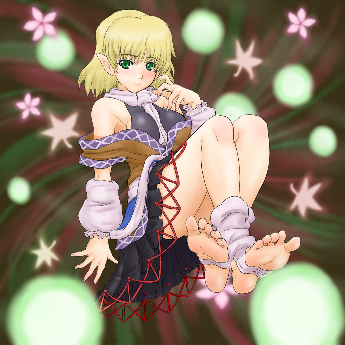 kuro suto sukii, mizuhashi parsee, touhou, highres, 1girl, arm warmers, bare shoulders, barefoot, blonde hair, danmaku, feet, female focus, fingernails, foot focus, full body, green eyes, long fingernails, nail polish, off shoulder, open clothes, pointy ears, scarf, short hair, sleeveless, soles, solo, toeless legwear, toes