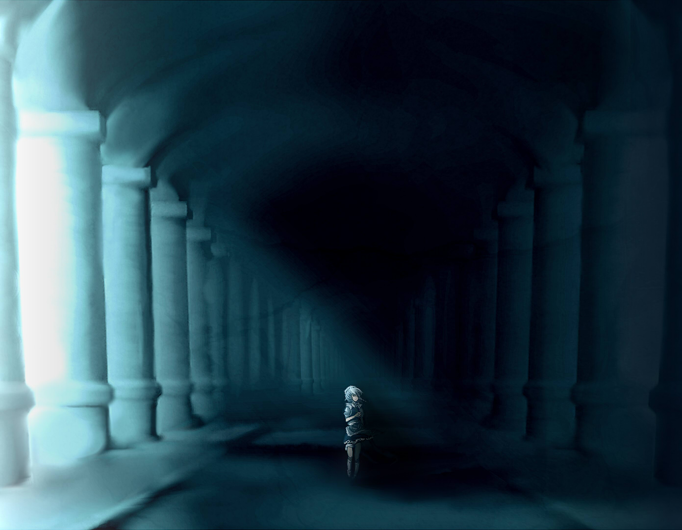 yoshioka yoshiko, izayoi sakuya, touhou, light, silver hair, 1girl, braid, colonnade, column, dark, female focus, perspective, pillar, short hair, solo, twin braids