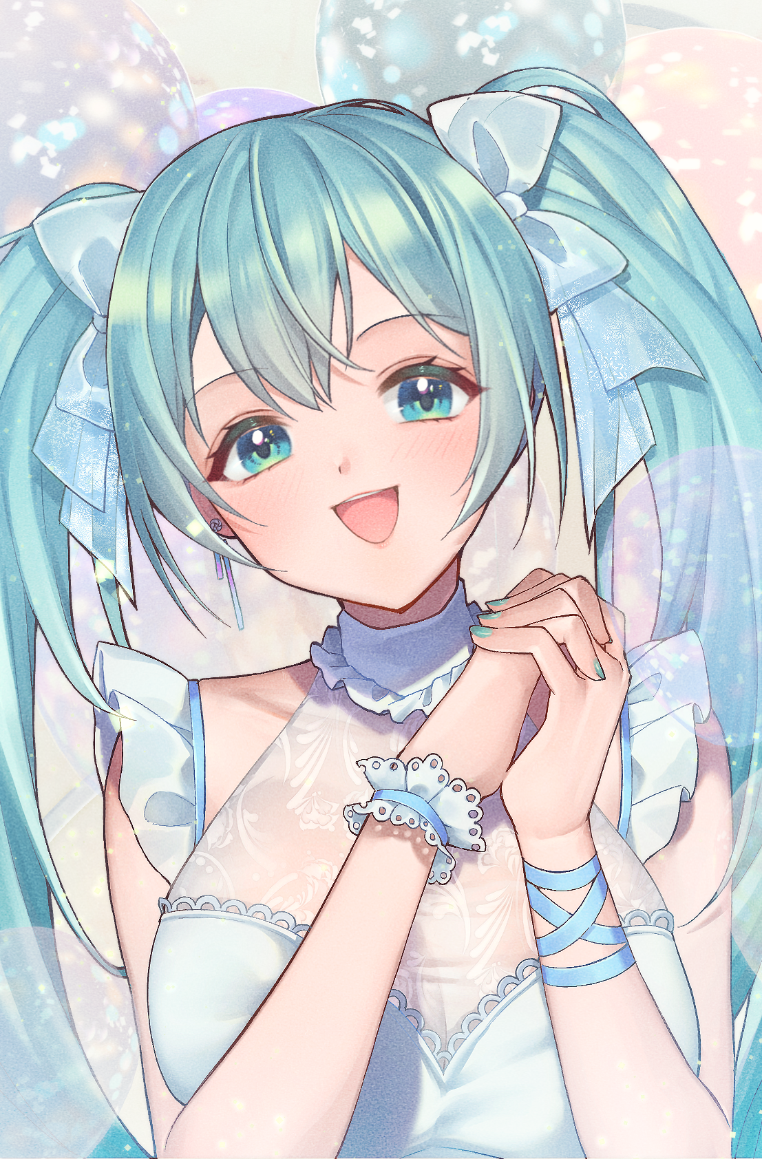 chami (charming621), hatsune miku, vocaloid, highres, 1girl, aqua eyes, aqua hair, aqua nails, blue ribbon, bow, breasts, cleavage, dress, hair between eyes, hair bow, hair ornament, light blush, long hair, medium breasts, open mouth, own hands together, ribbon, sleeveless, sleeveless dress, smile, solo, twintails, very long hair, white dress, wrist cuffs, wrist ribbon