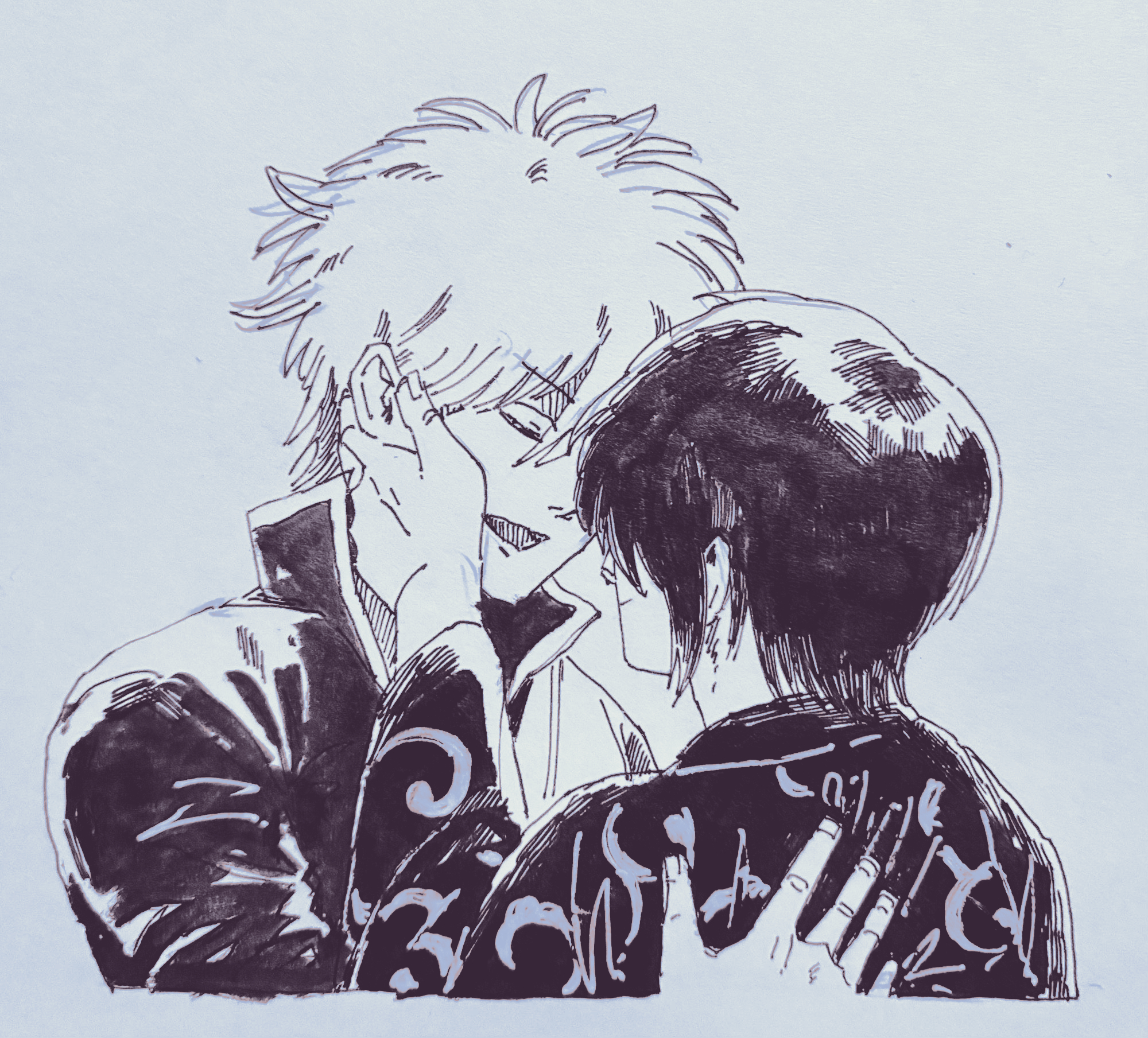 sakata gintoki, takasugi shinsuke, gintama, highres, 2boys, :d, closed eyes, cropped torso, grey background, greyscale, hair between eyes, hana monaka, hand on another's face, japanese clothes, kimono, long sleeves, male focus, monochrome, multiple boys, open mouth, shirt, simple background, smile, upper body, wide sleeves