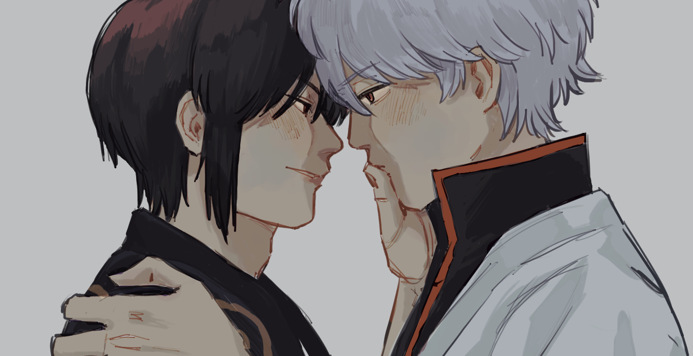 sakata gintoki, takasugi shinsuke, gintama, 2boys, black hair, black shirt, closed mouth, eye contact, from side, grey background, grey hair, hair between eyes, hana monaka, japanese clothes, kimono, looking at another, male focus, multiple boys, profile, red eyes, shirt, shoulder grab, simple background, upper body, white kimono, yaoi