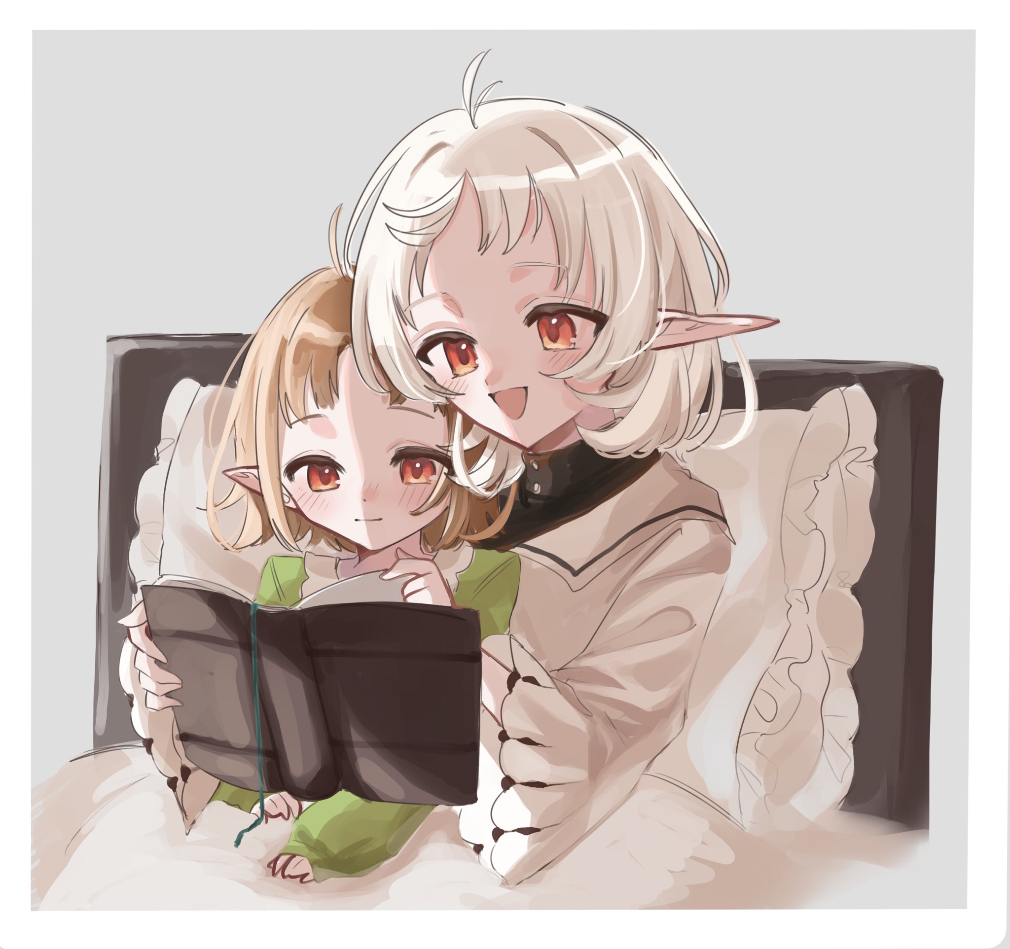spica59, lucy greyrat, sylphiette (mushoku tensei), mushoku tensei, highres, 2girls, ahoge, book, brown hair, elf, green pajamas, holding, holding book, mother and daughter, multiple girls, on bed, pajamas, pillow, pointy ears, reading, red eyes, smile, white hair