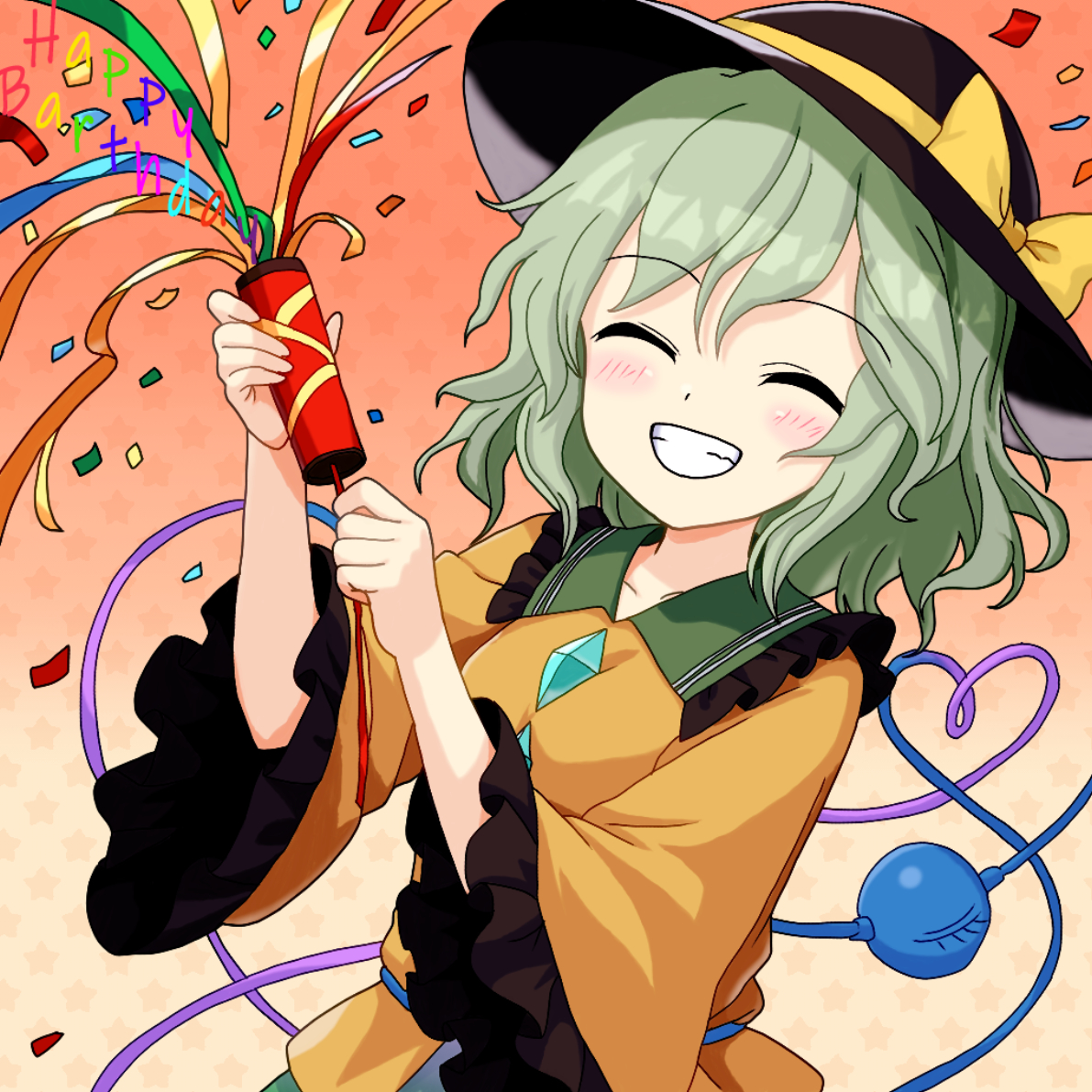 mist9801km, komeiji koishi, touhou, commentary request, 1girl, black hat, blush, bow, buttons, closed eyes, collarbone, collared shirt, confetti, diamond button, english text, eyeball, facing viewer, frilled shirt collar, frilled sleeves, frills, green hair, grin, happy birthday, hat, hat bow, heart, heart of string, holding, holding party popper, long sleeves, party popper, shirt, smile, solo, third eye, wide sleeves, yellow bow, yellow shirt