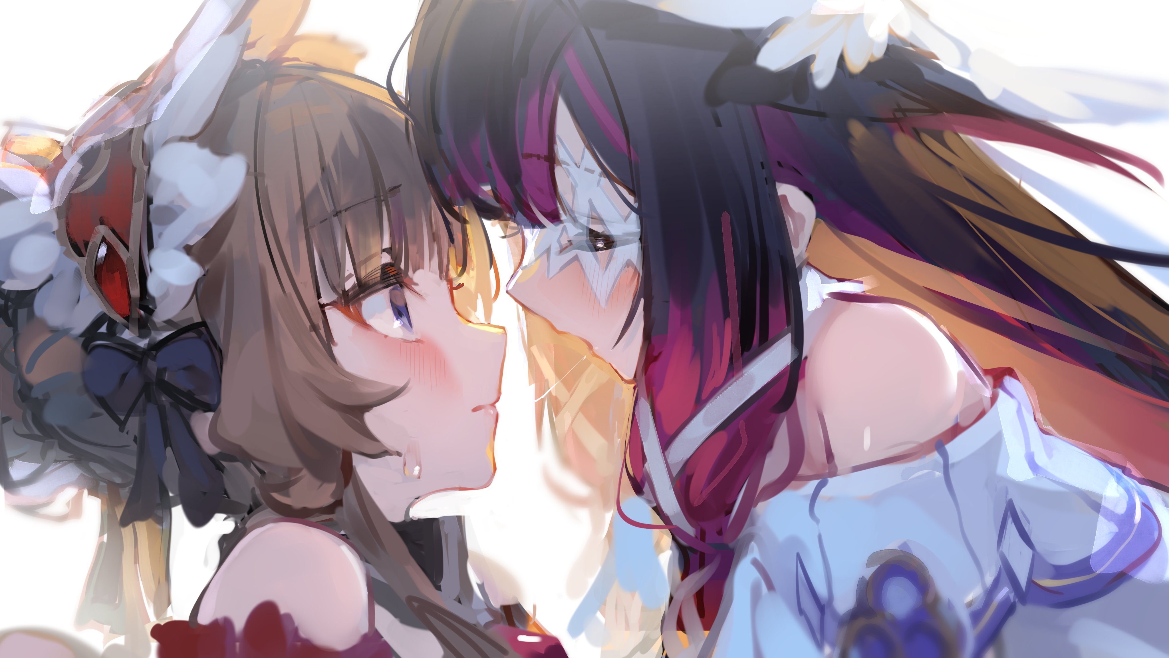 yu hydra, columbina (genshin impact), sandrone (genshin impact), genshin impact, absurdres, highres, 2girls, after kiss, bare shoulders, blush, brown hair, closed eyes, closed mouth, hair between eyes, hair ornament, long hair, multicolored hair, multiple girls, white background, yuri