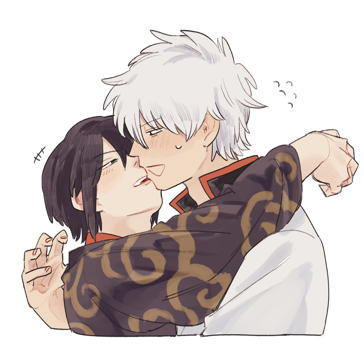 sakata gintoki, takasugi shinsuke, gintama, highres, +++, 2boys, black hair, black shirt, cropped torso, flying sweatdrops, grey hair, hair between eyes, hair over one eye, hana monaka, jacket, long sleeves, male focus, multiple boys, open mouth, shirt, simple background, upper body, white background, white jacket, wide sleeves, yaoi
