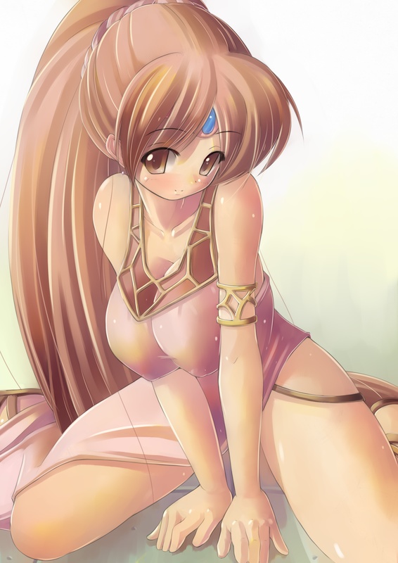 kourourin, linde (fire emblem), fire emblem, fire emblem: mystery of the emblem, fire emblem: shadow dragon, nintendo, 1girl, bare shoulders, blush, breasts, brown eyes, brown hair, cleavage, dress, female focus, large breasts, long hair, sitting, solo, very long hair