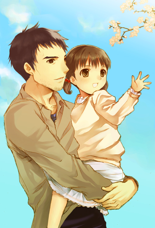 seiru (prairie), doujima nanako, doujima ryoutarou, atlus, persona, persona 4, 1boy, 1girl, :d, age difference, beard, brown eyes, brown hair, carrying, day, facial hair, father and daughter, long sleeves, open mouth, outdoors, reaching, skirt, smile, twintails