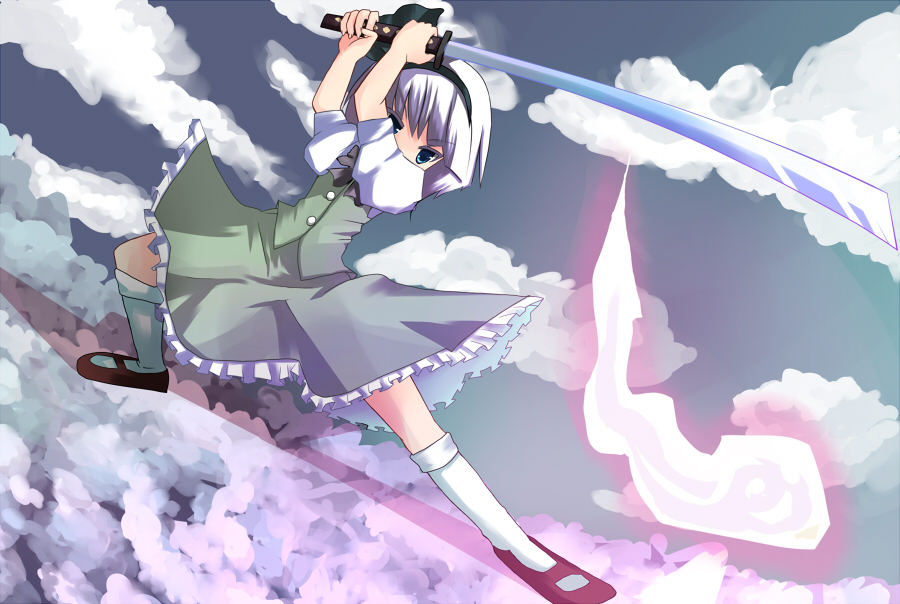 tsunono, konpaku youmu, konpaku youmu (ghost), touhou, silver hair, 1girl, female focus, fighting stance, ghost, hairband, hitodama, katana, solo, sword, weapon