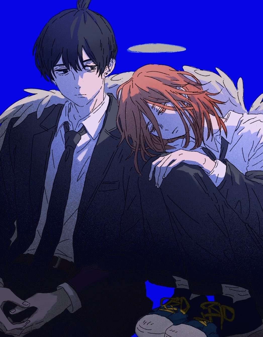 to suisei, angel devil (chainsaw man), hayakawa aki, chainsaw man, commentary request, highres, 2boys, angel wings, belt, black hair, black necktie, blue background, closed eyes, closed mouth, collared shirt, earrings, hair between eyes, halo, jacket, jewelry, male focus, multiple boys, necktie, off shoulder, open clothes, open jacket, shirt, simple background, suit jacket, topknot, traditional halo, white shirt, white wings, wings